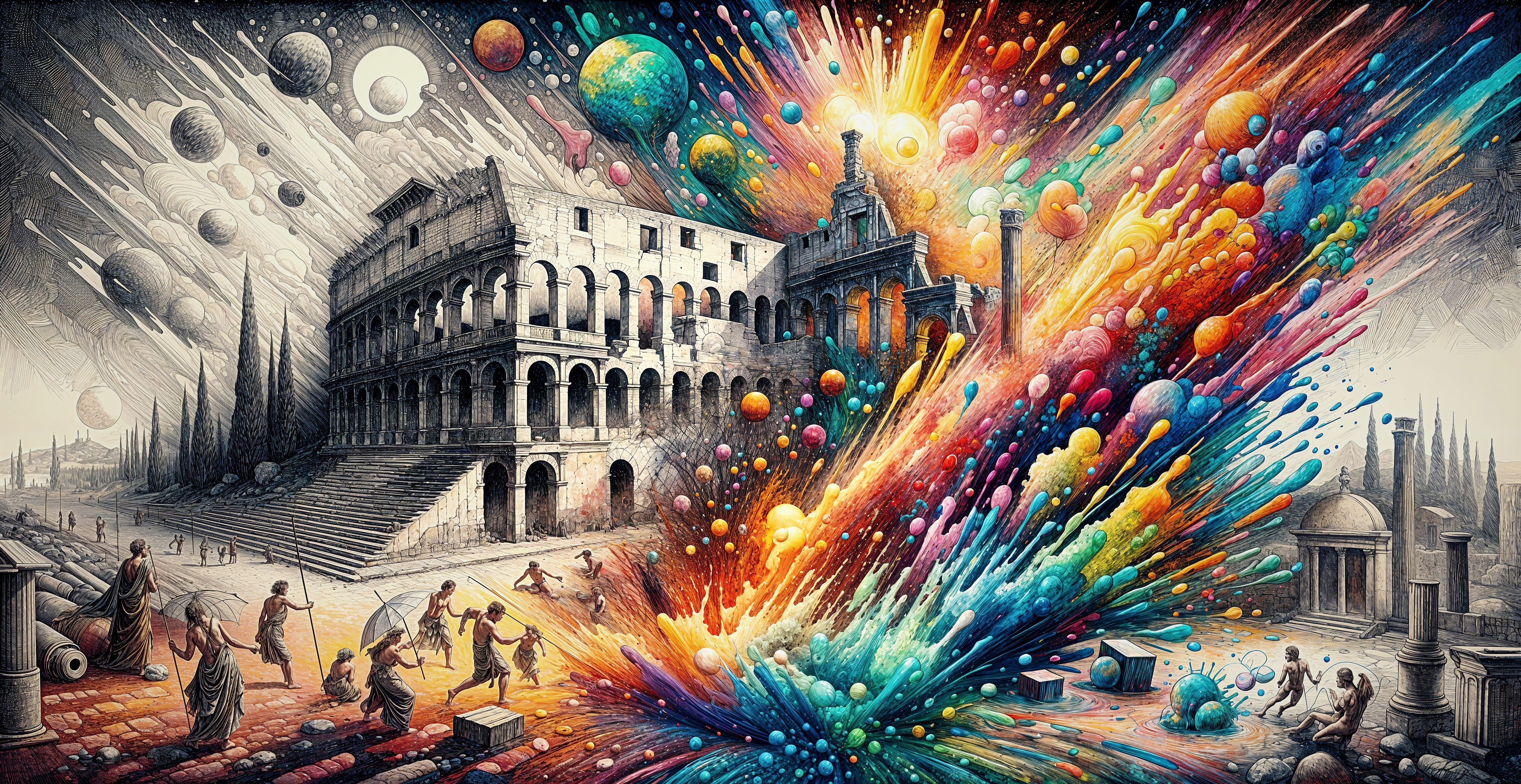 Surreal Landscape with Ancient Architecture and Cosmos
