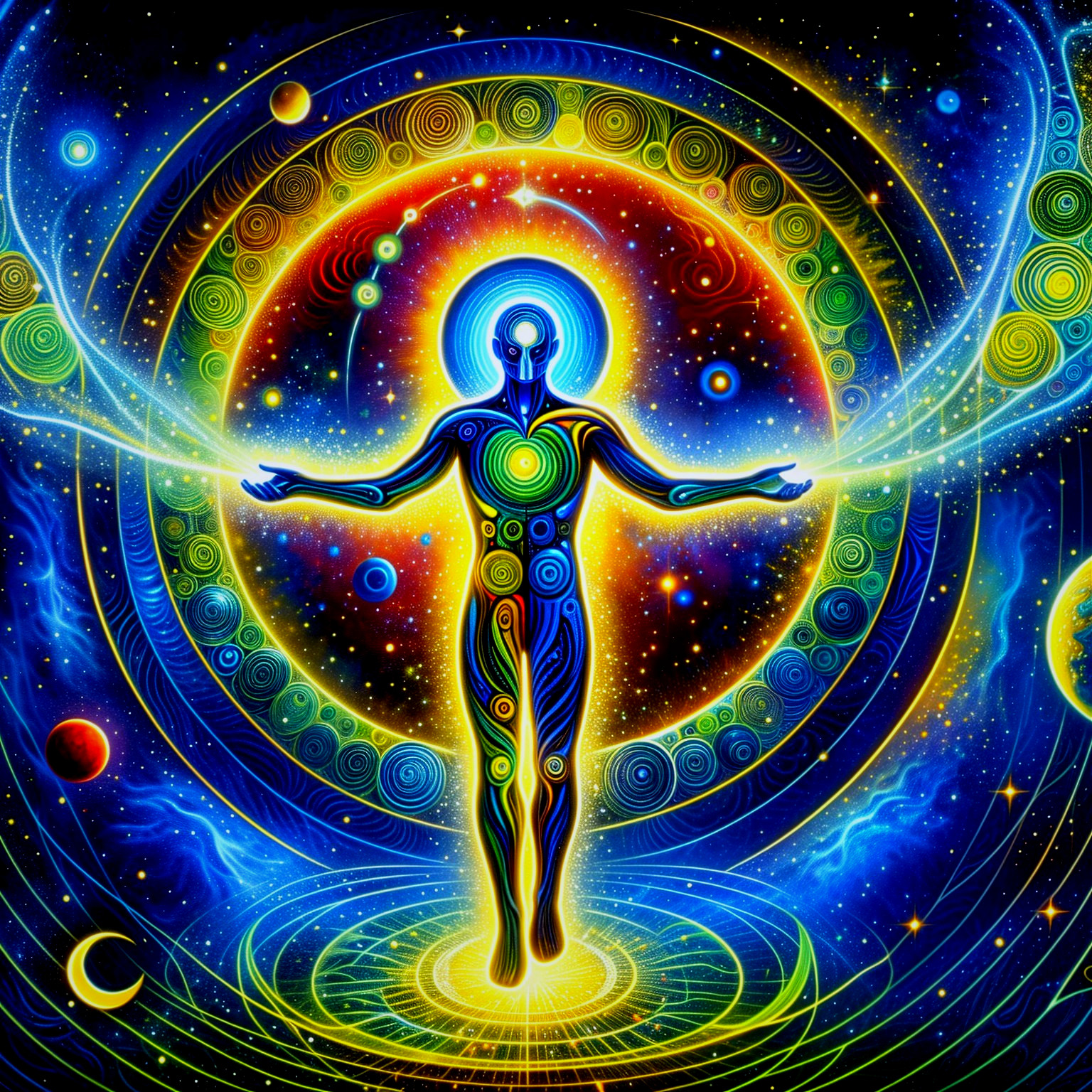 Luminous Figure in Vibrant Cosmic Background