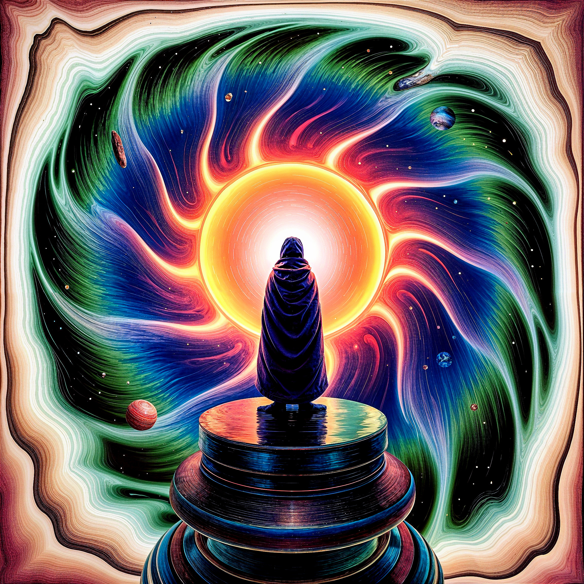 Cloaked Figure Overlooking Cosmic Swirl and Planets