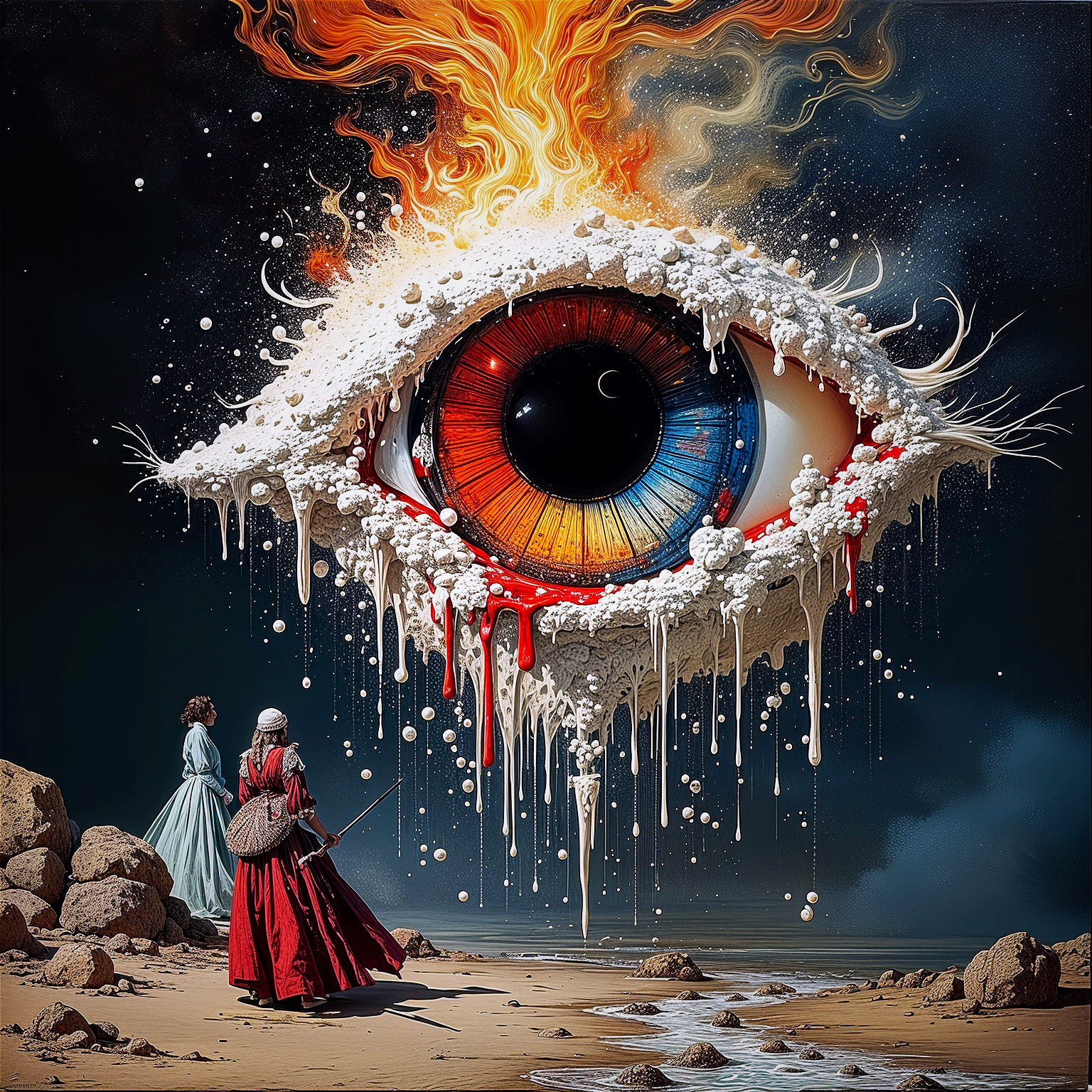 Surreal Beach Scene with Colossal Eye and Historical Figures