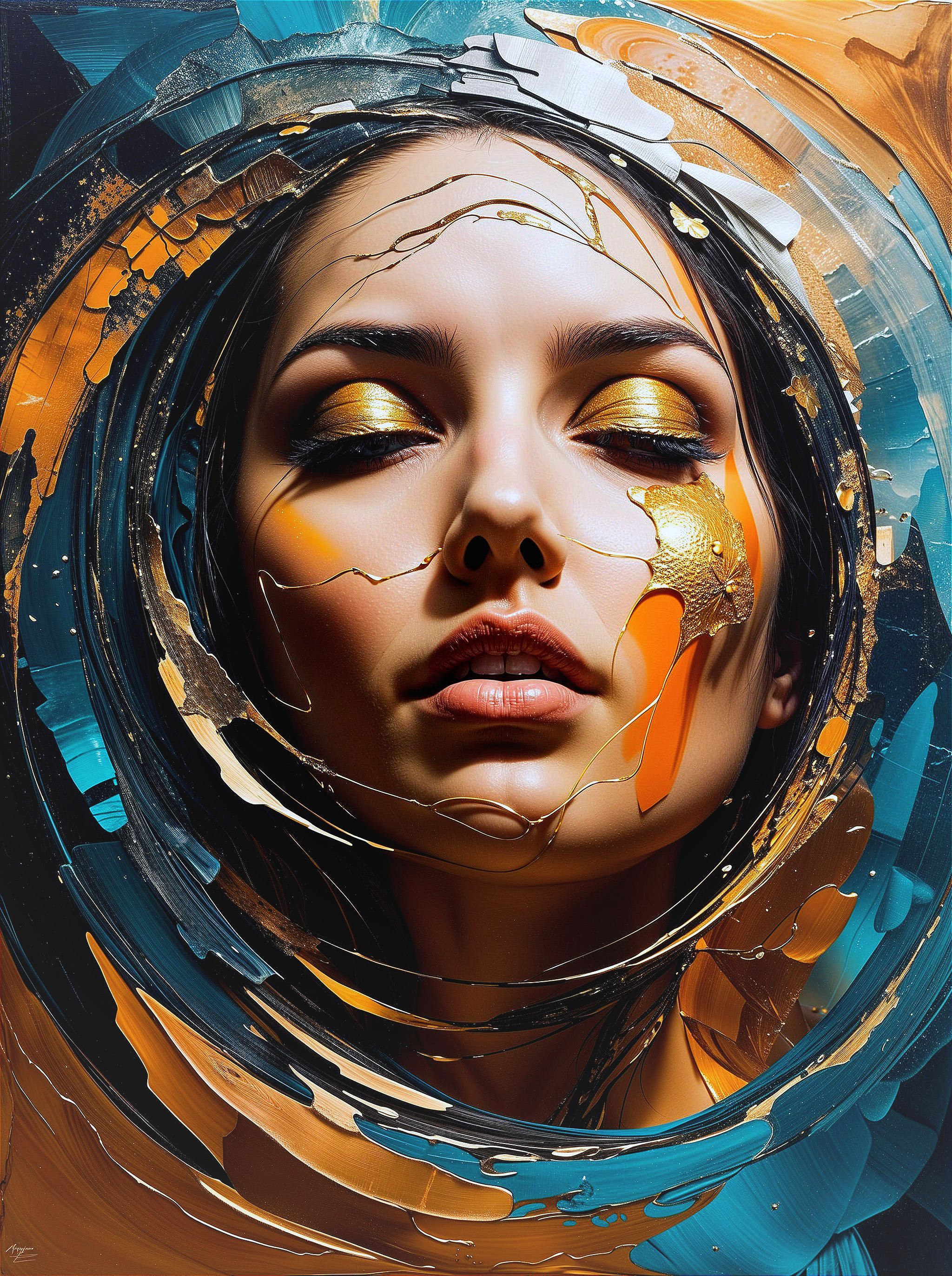 Portrait of a woman with abstract gold and blue patterns