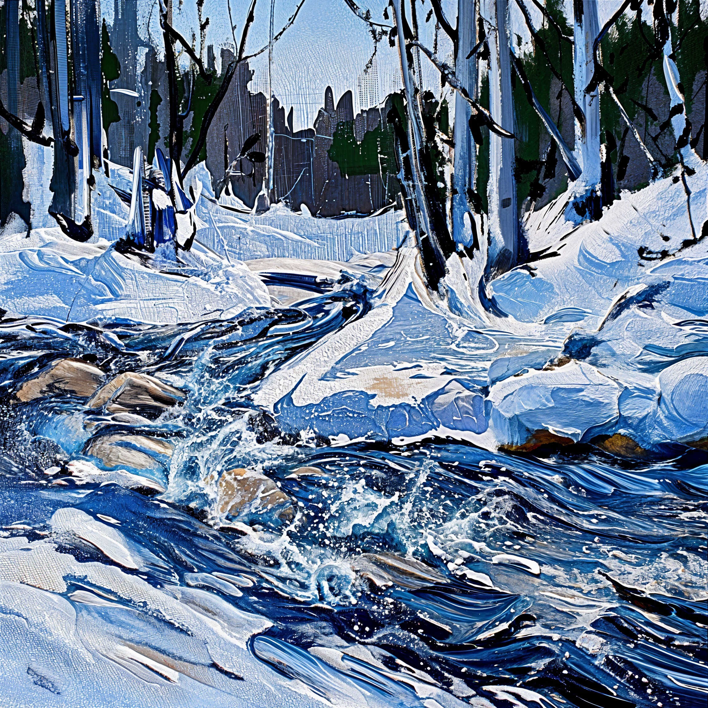 Serene Winter Landscape with Stream and Snow-Covered Trees