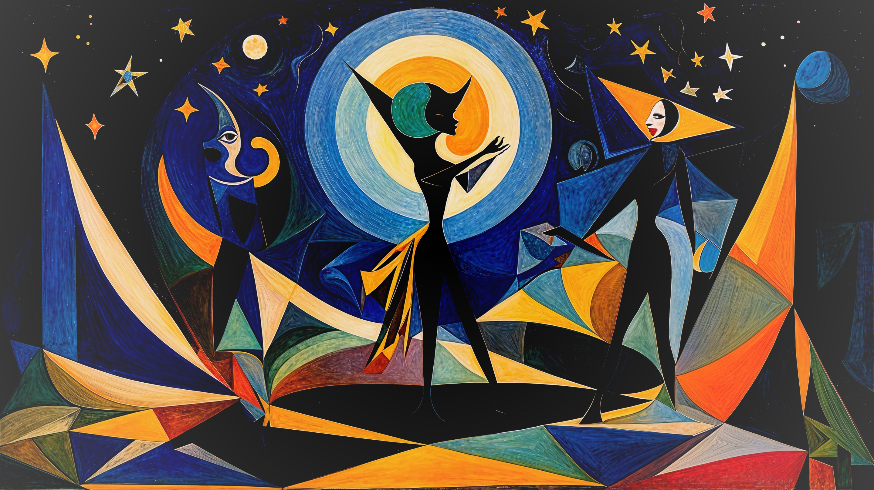Vibrant Abstract Figures Against Starry Night Sky