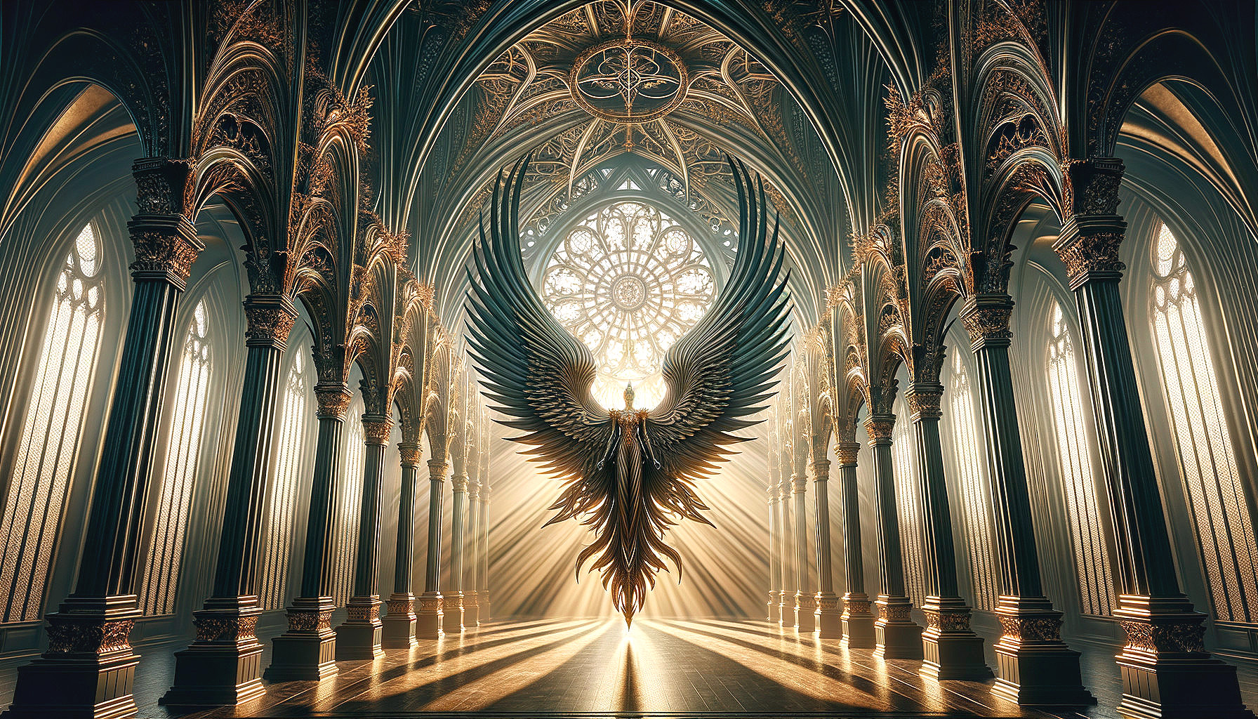 Intricate Cathedral Interior with Stained-Glass Window