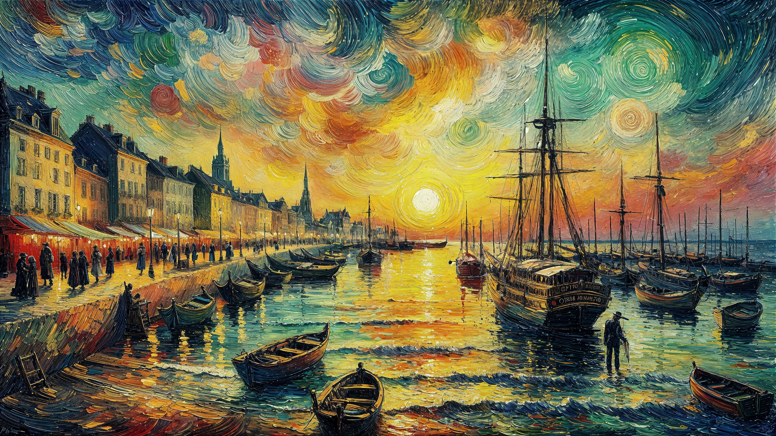 Vibrant Sunset Over a Bustling Harbor Scene