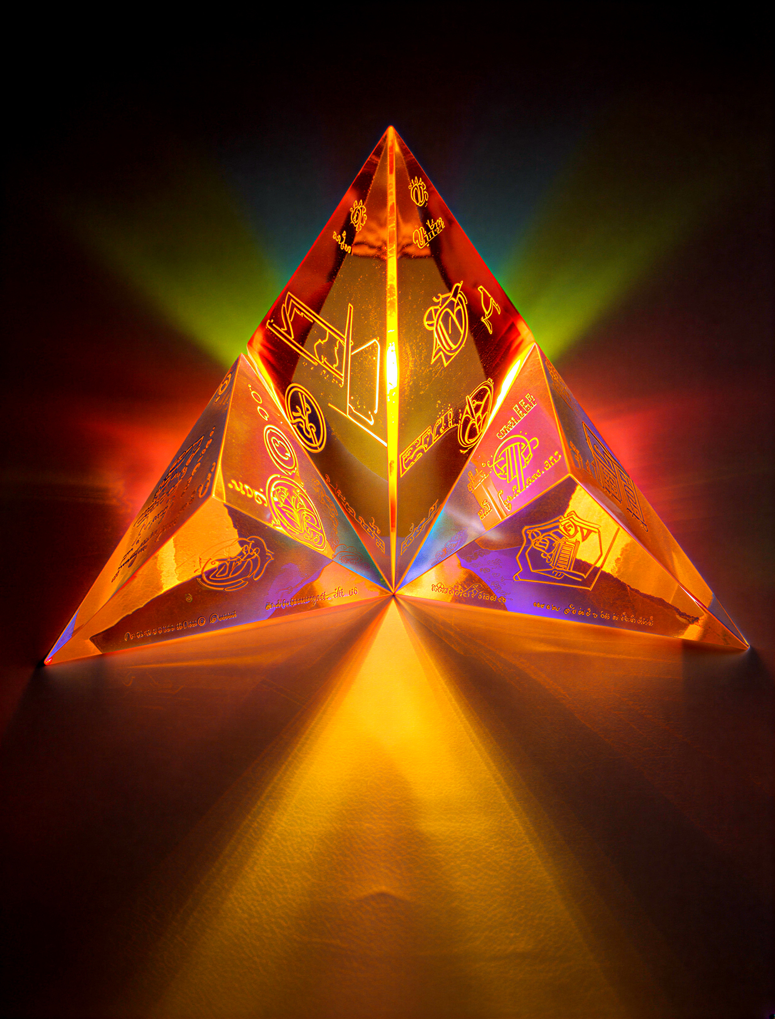 Translucent illuminated pyramid with intricate engravings