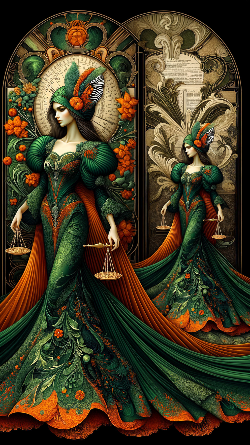 Fantastical Woman Embodying Justice in Vibrant Gown
