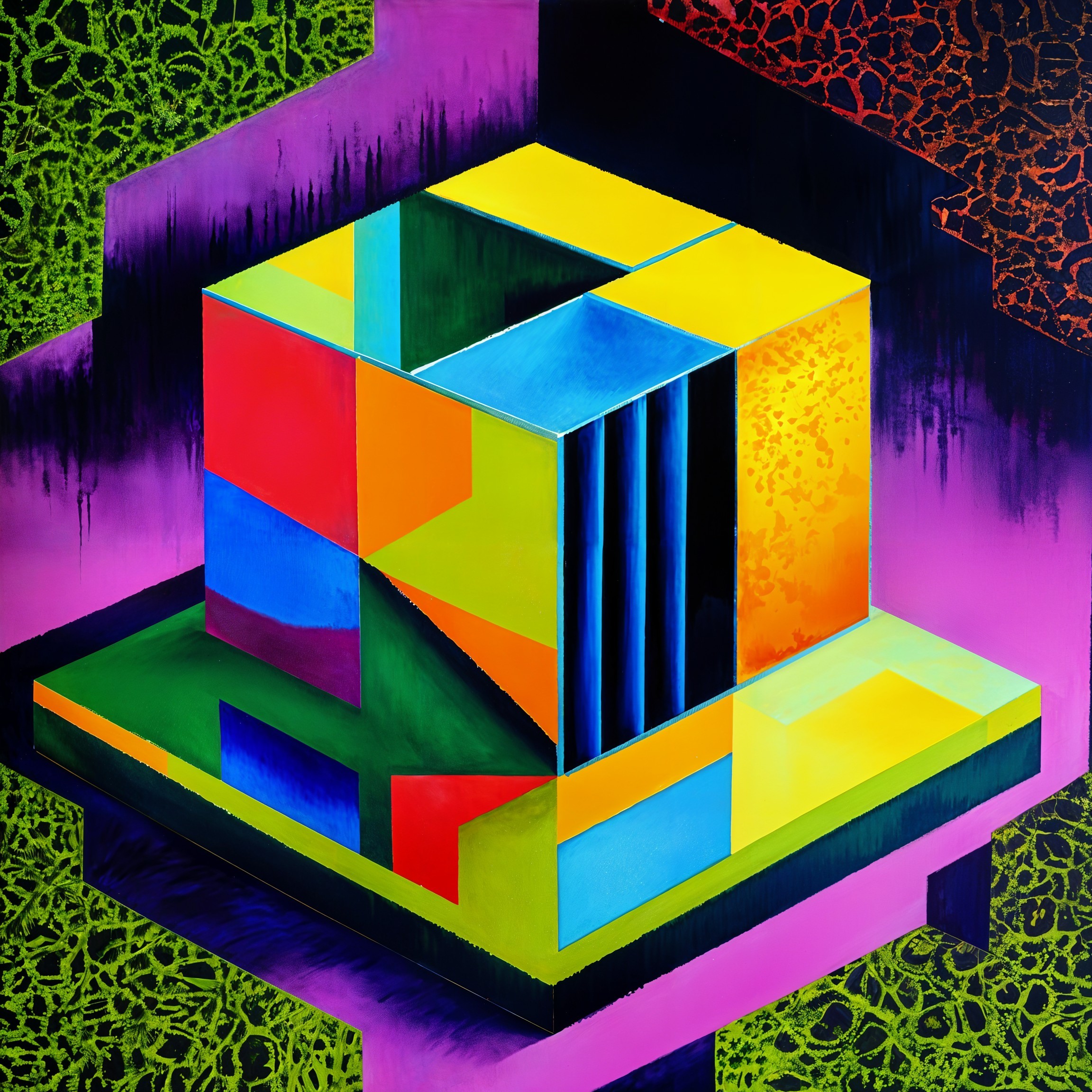 Vibrant Multi-Dimensional Cube with Geometric Shapes