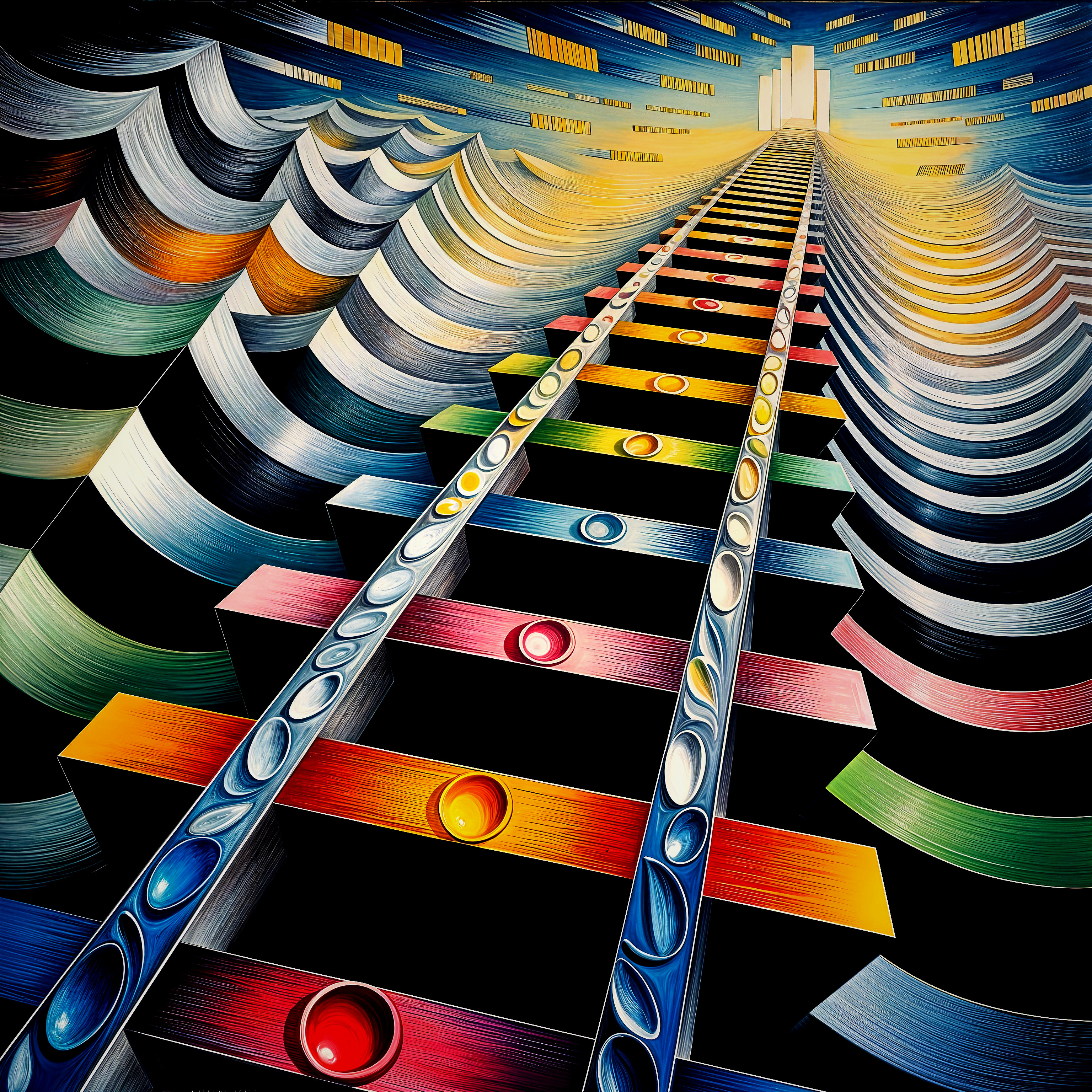 Surreal Vibrant Landscape with Colorful Wavy Tracks