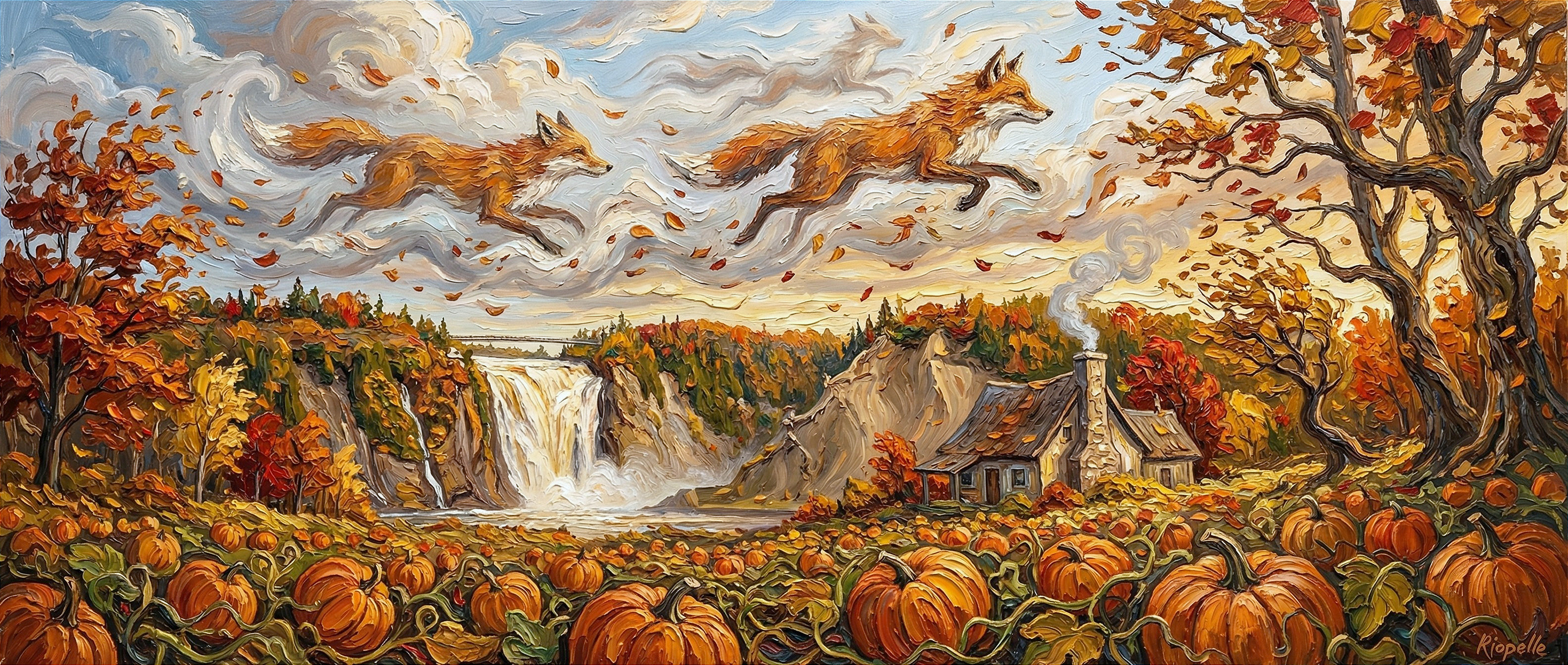 Oil Painting of Flying Foxes in Autumn Landscape