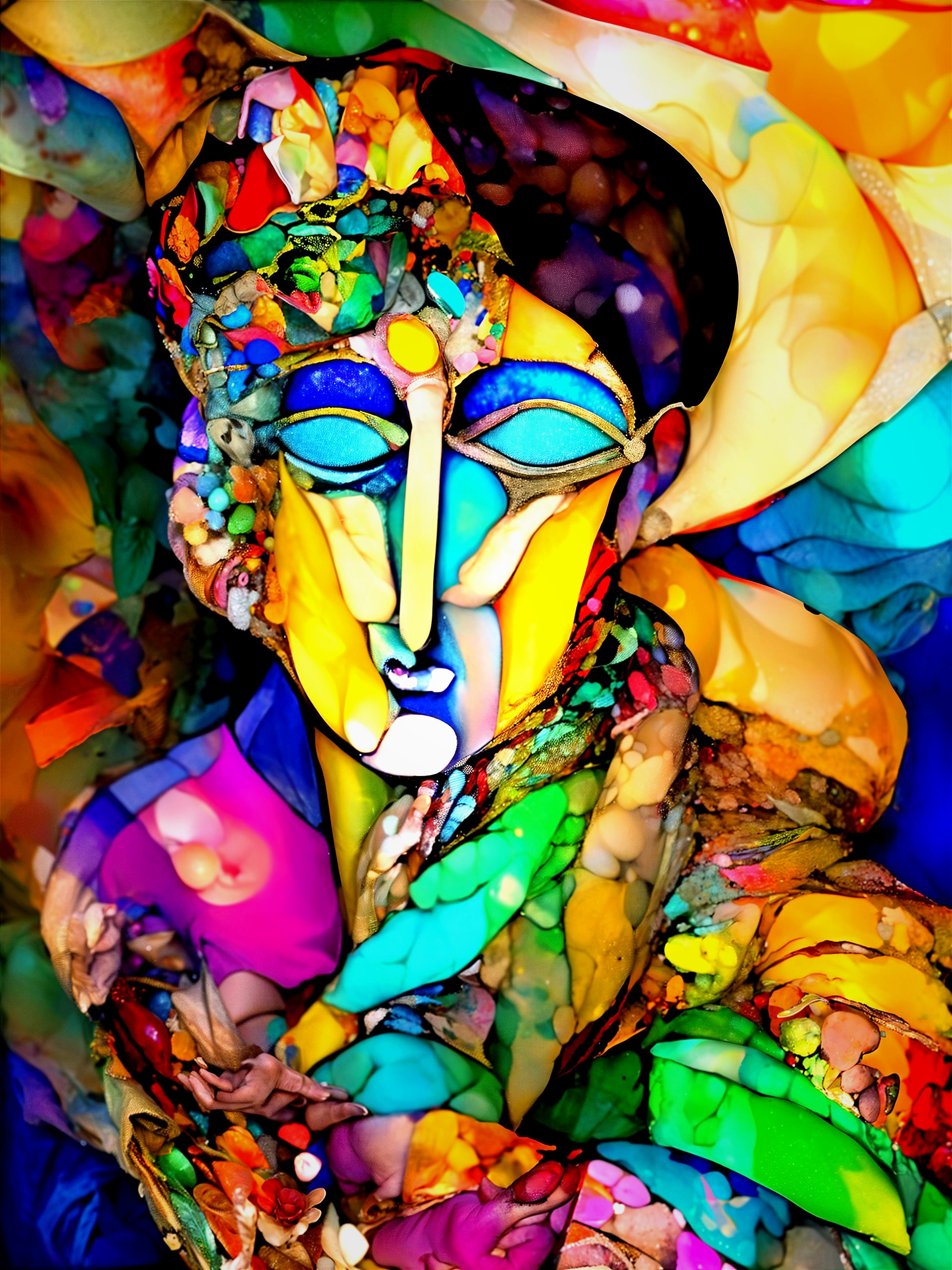 Abstract Figure Surrounded by Vibrant Colors and Shapes