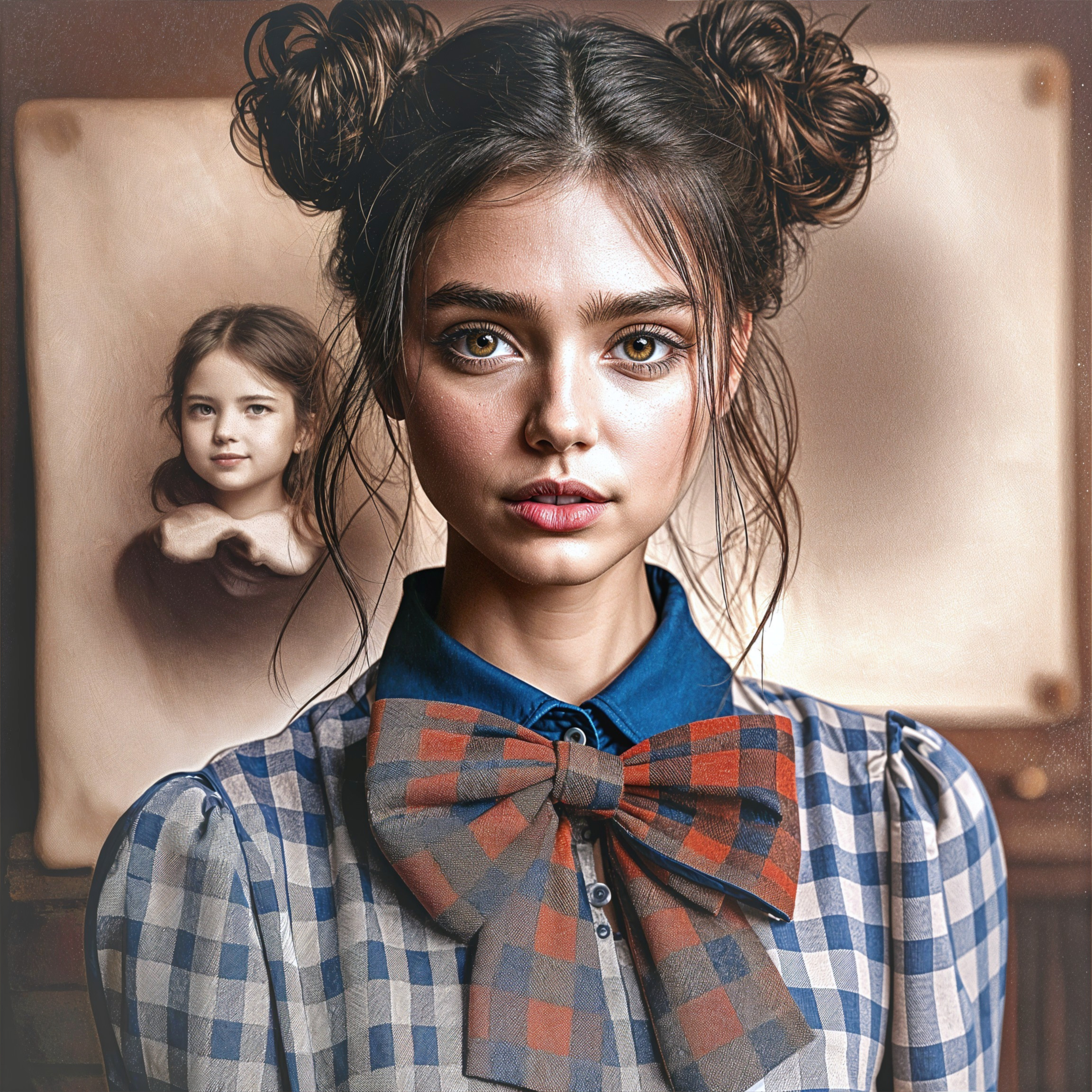Young woman in checkered blouse with nostalgic background