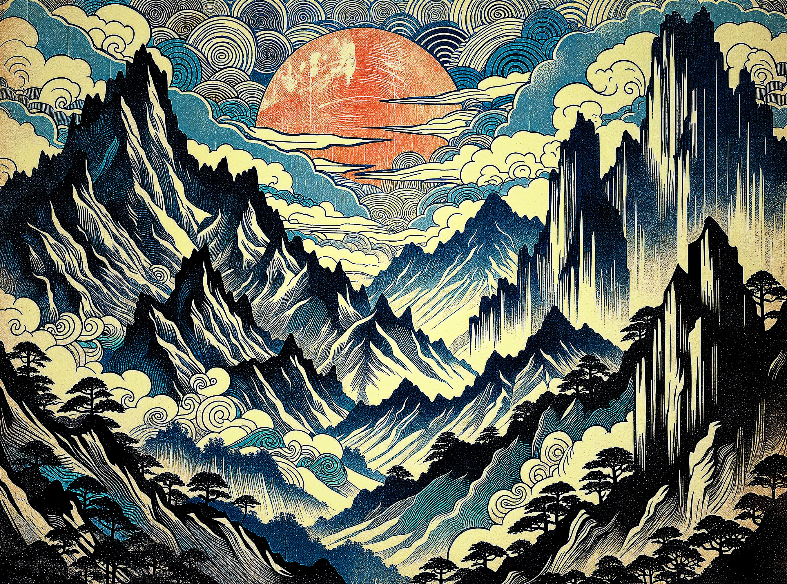 Majestic Mountains Under Vibrant Orange Sunlight