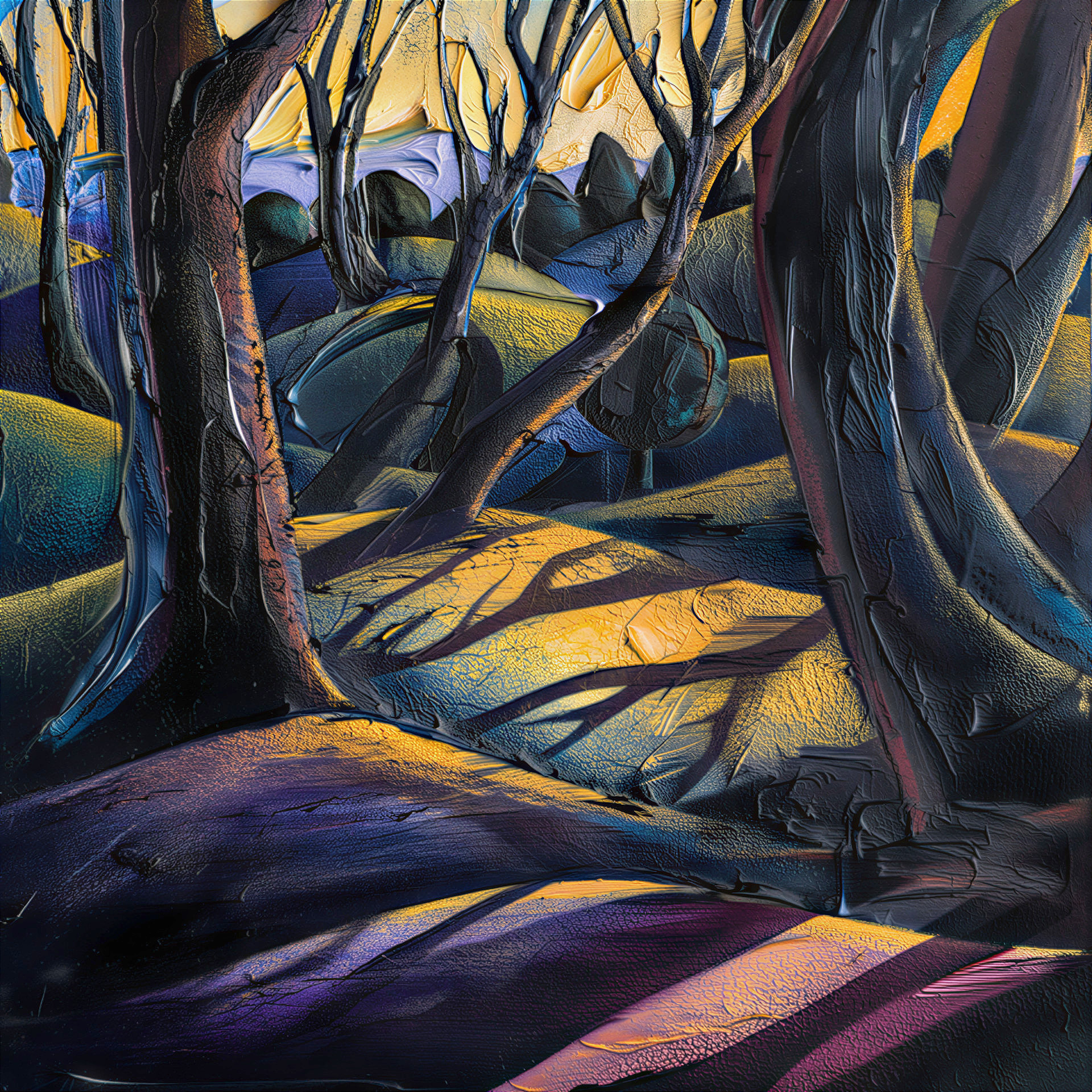 Vibrant Textured Landscape of Trees and Hills