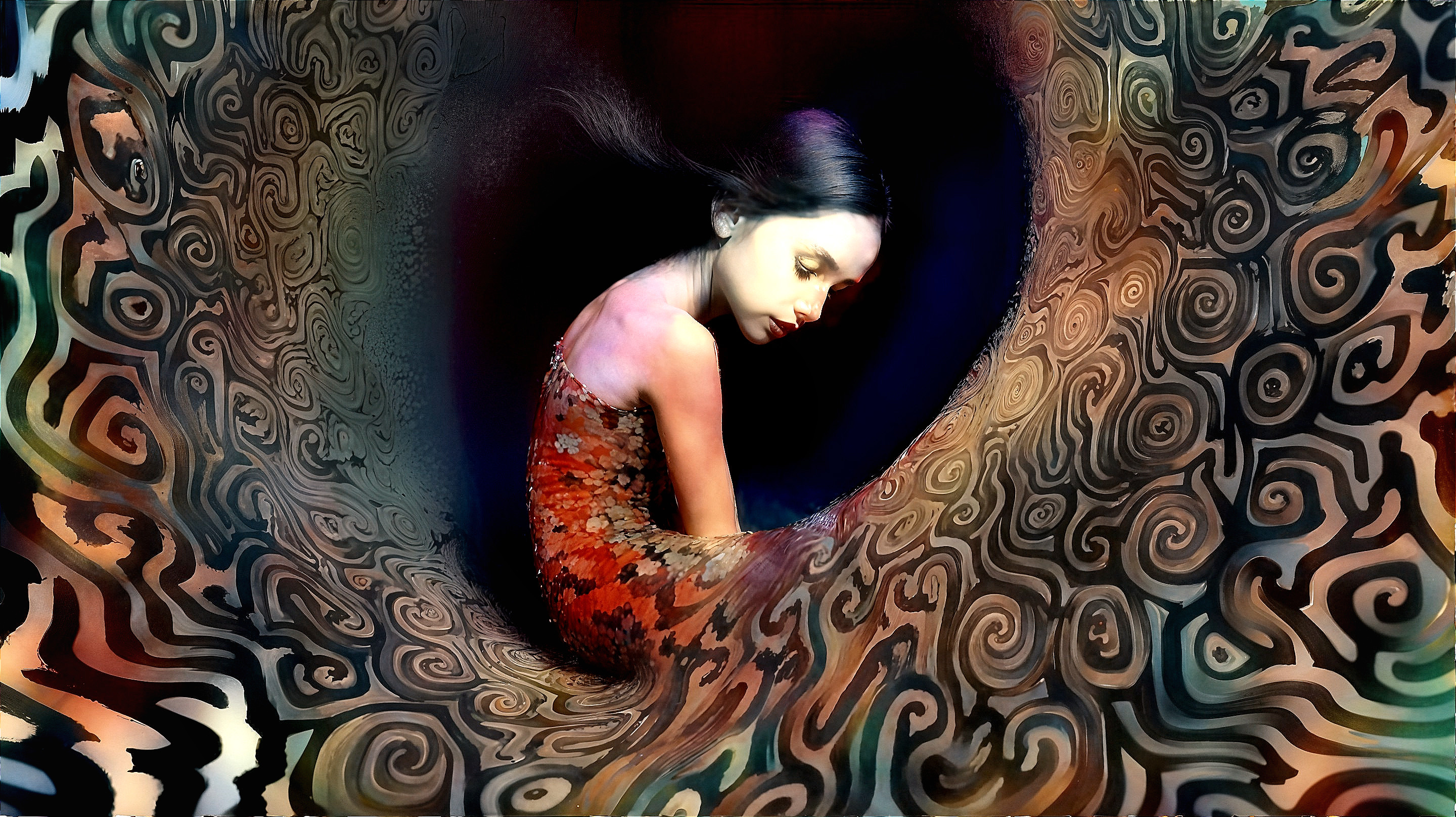 Contemplative Young Woman in Abstract Colorful Swirls