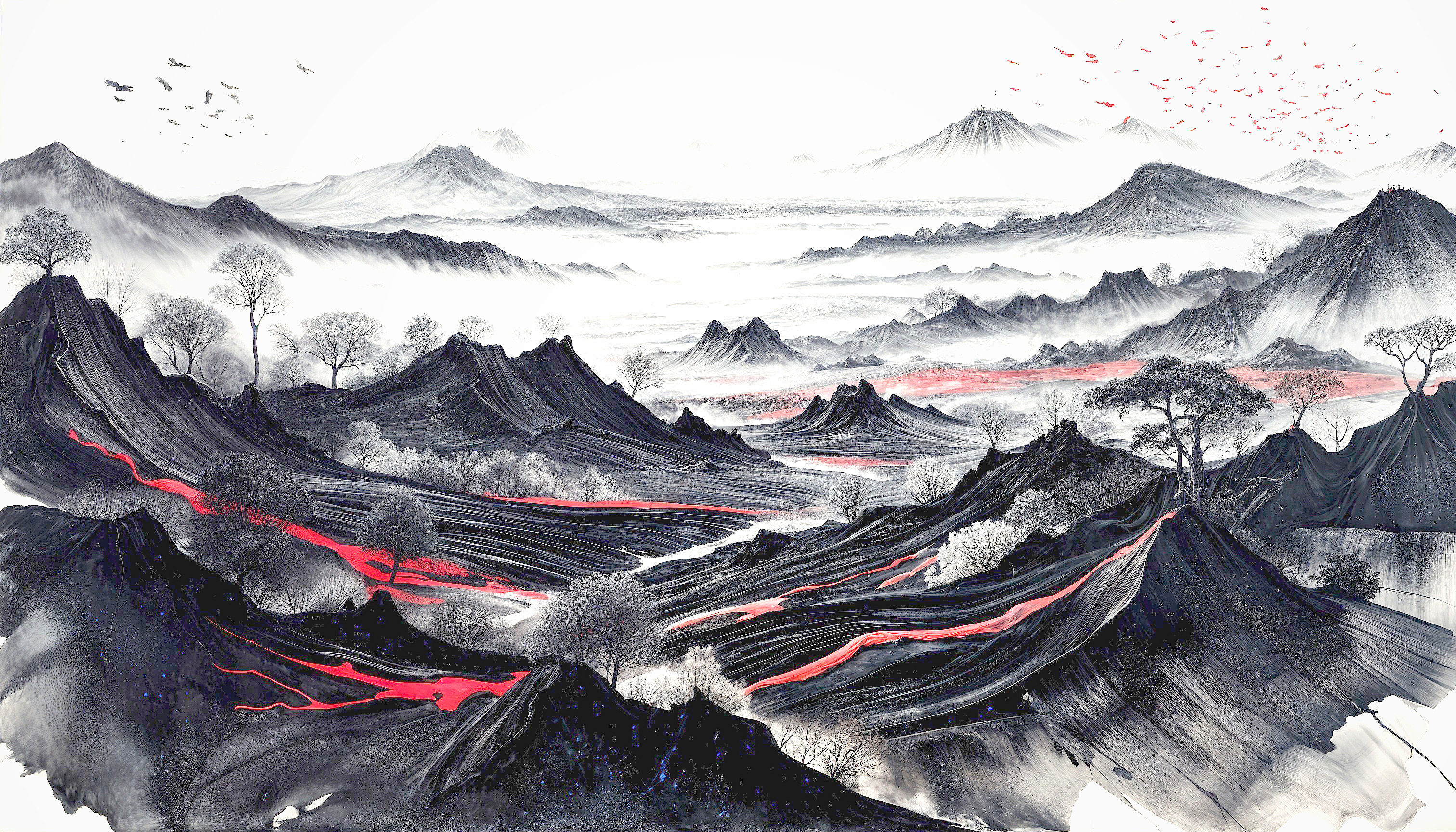 Dramatic Mountain Landscape with Molten Red Rivers