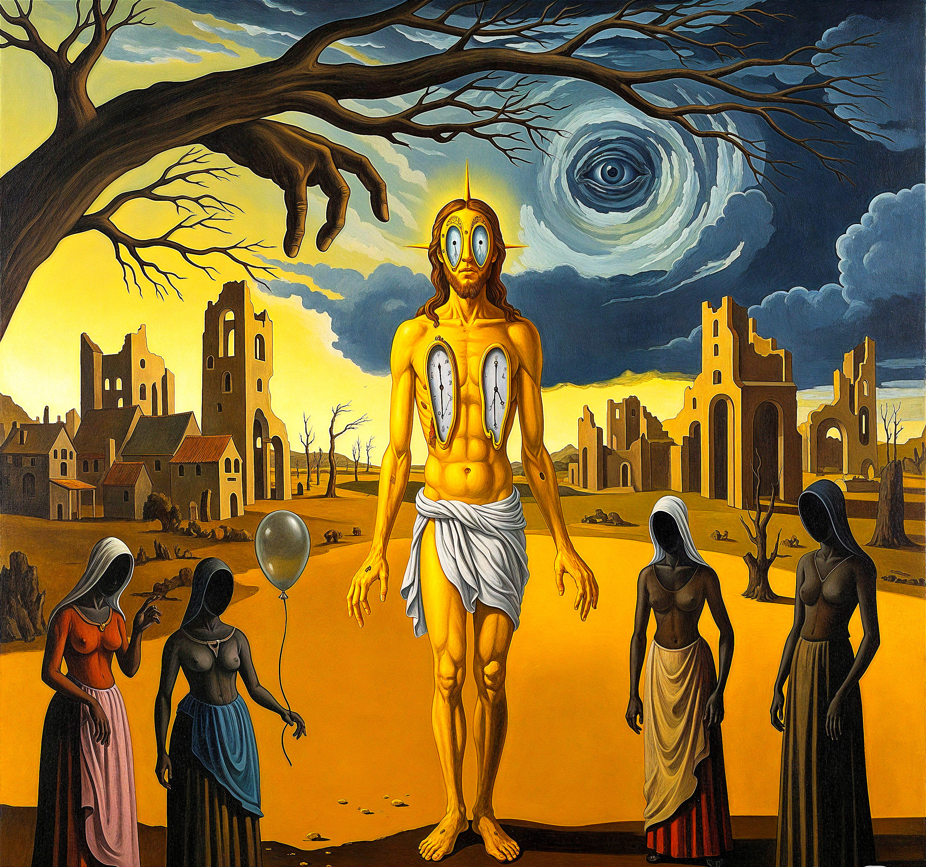 Surreal Landscape with Elongated Figure and Cloaked Observers