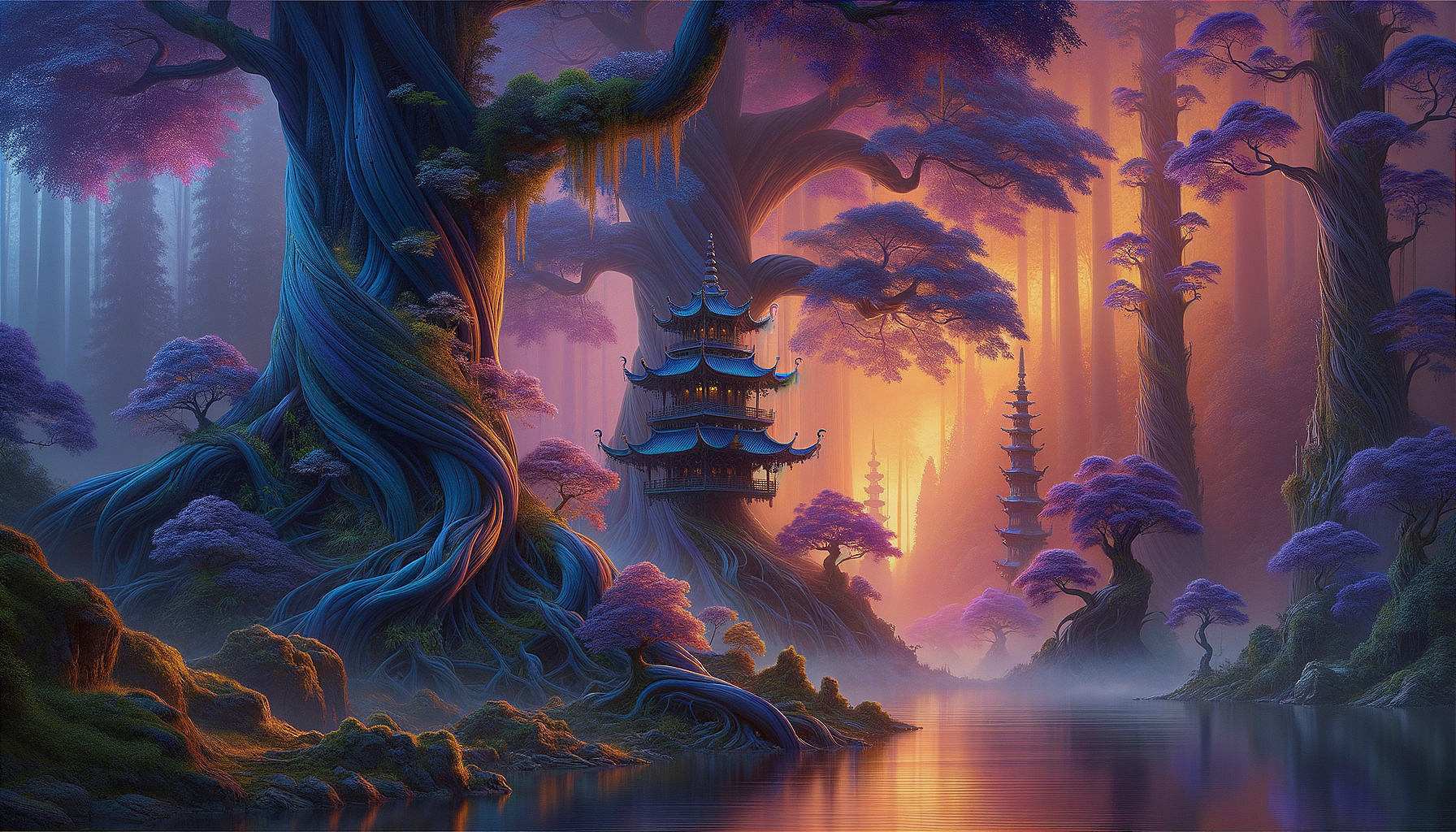 Mystical landscape with twisted trees and serene lake