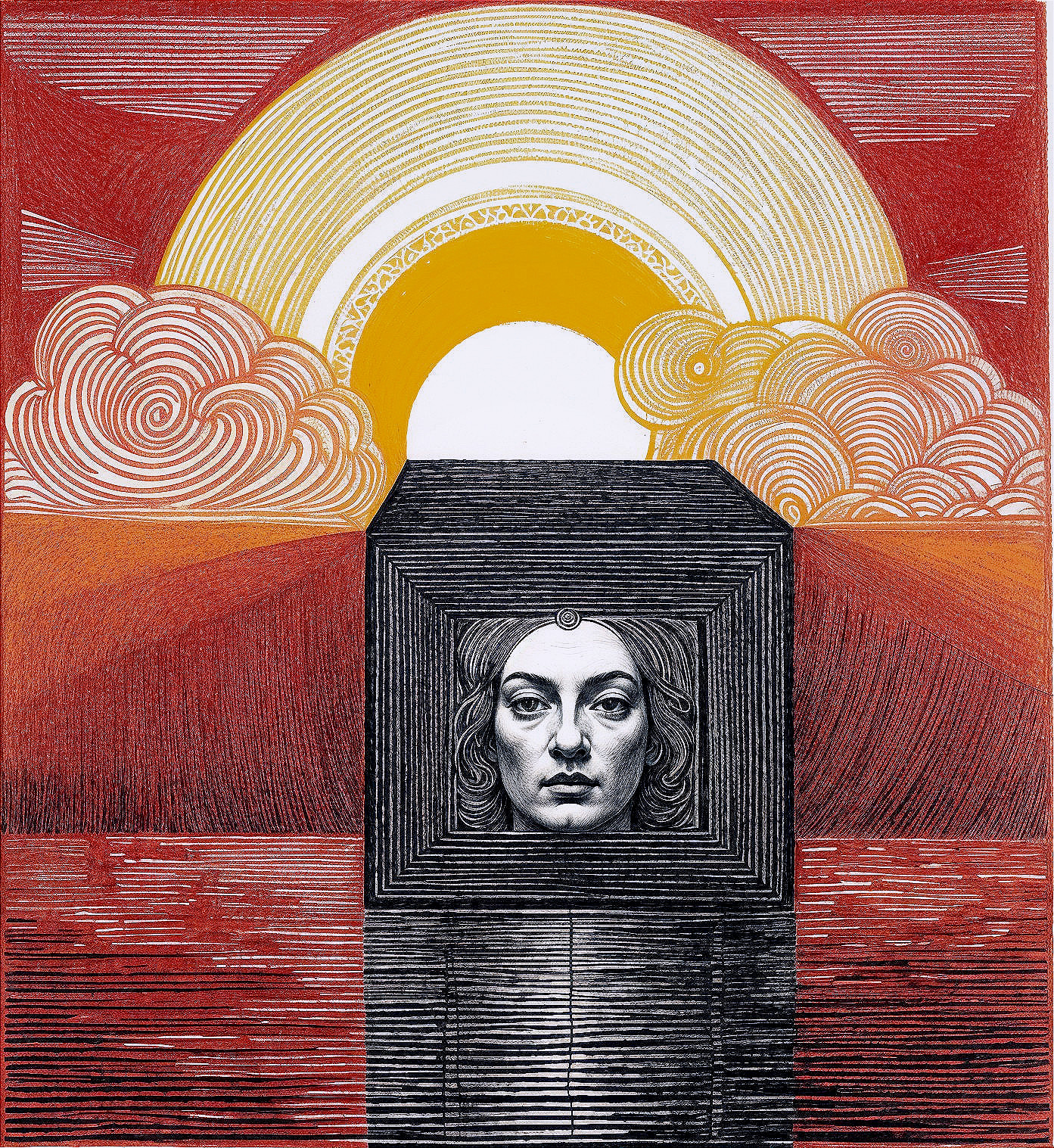 Stylized Face in Framed Box with Vibrant Background