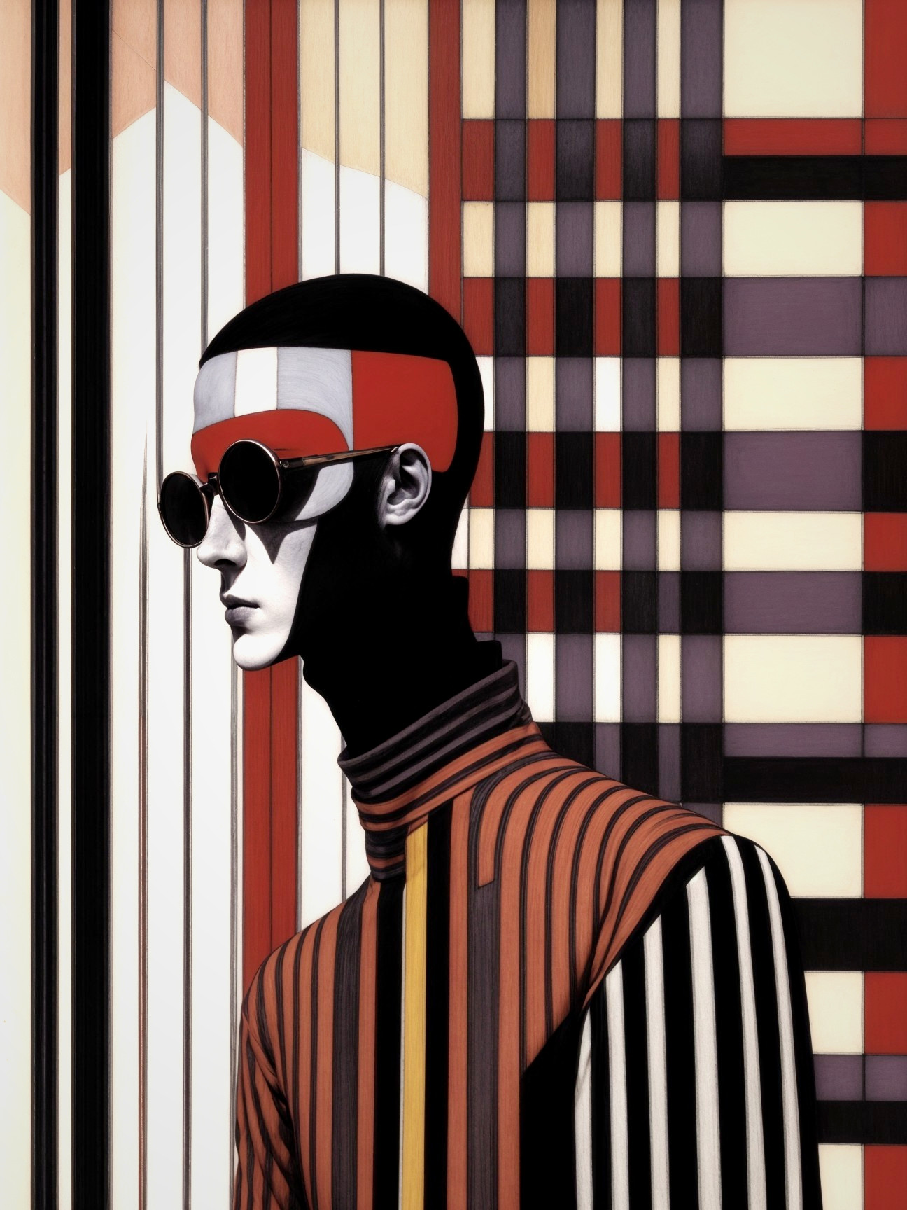 Stylized Figure in Bold Geometric Pattern Background