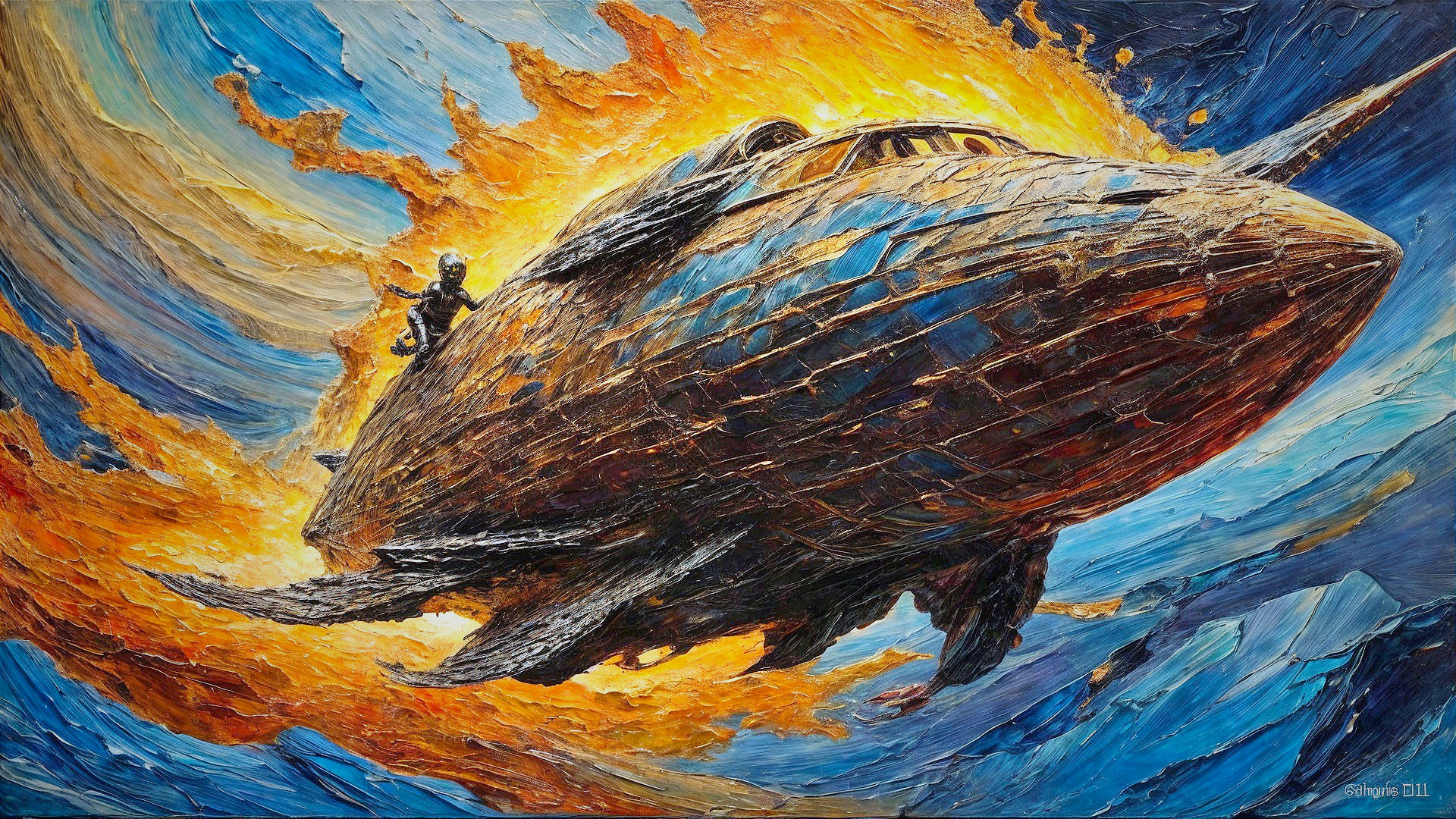 Vividly Painted Airship Against Dramatic Sky