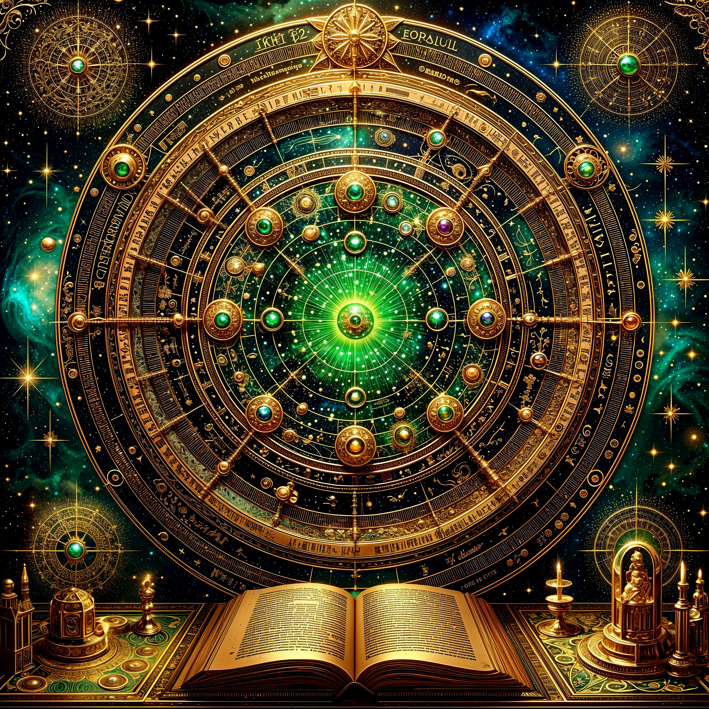 Cosmic Scene with Celestial Chart and Open Book
