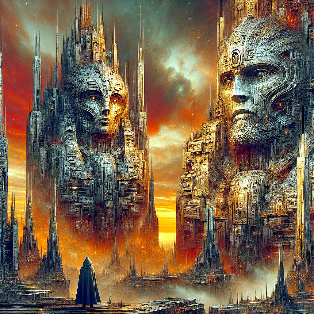 Surreal Landscape with Giant Stone Faces at Sunset