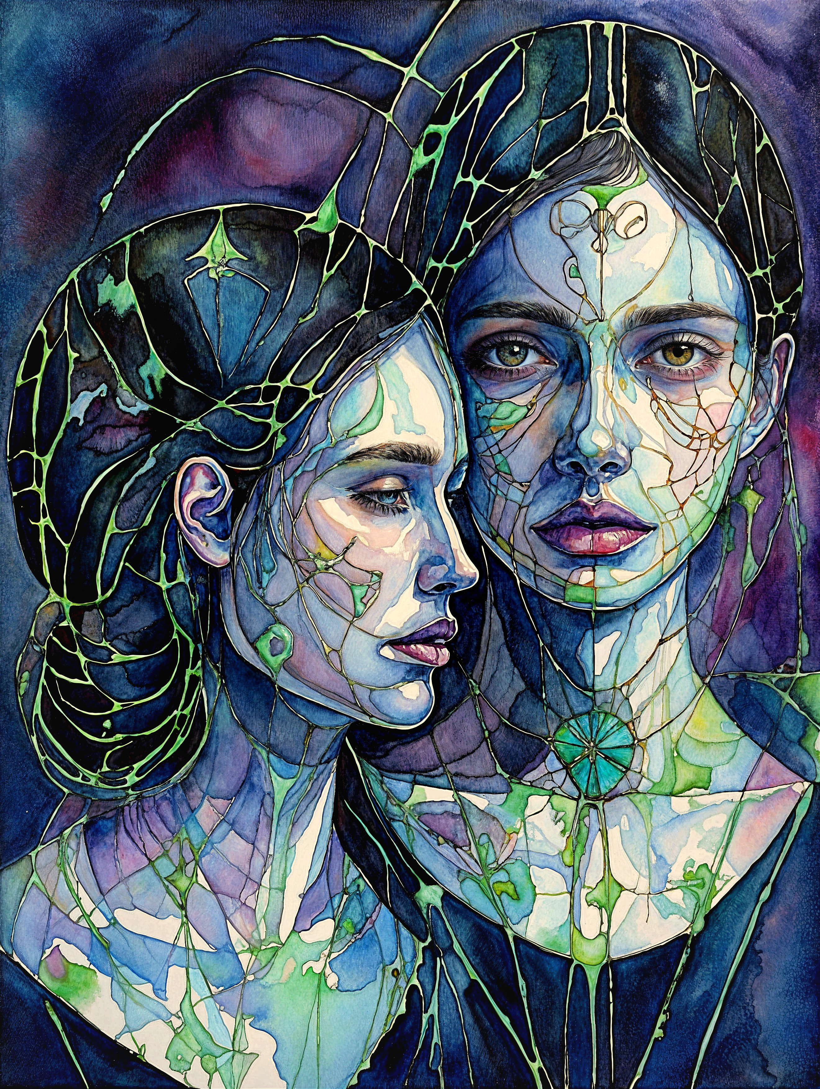 Intertwined Ethereal Figures in Dreamlike Background