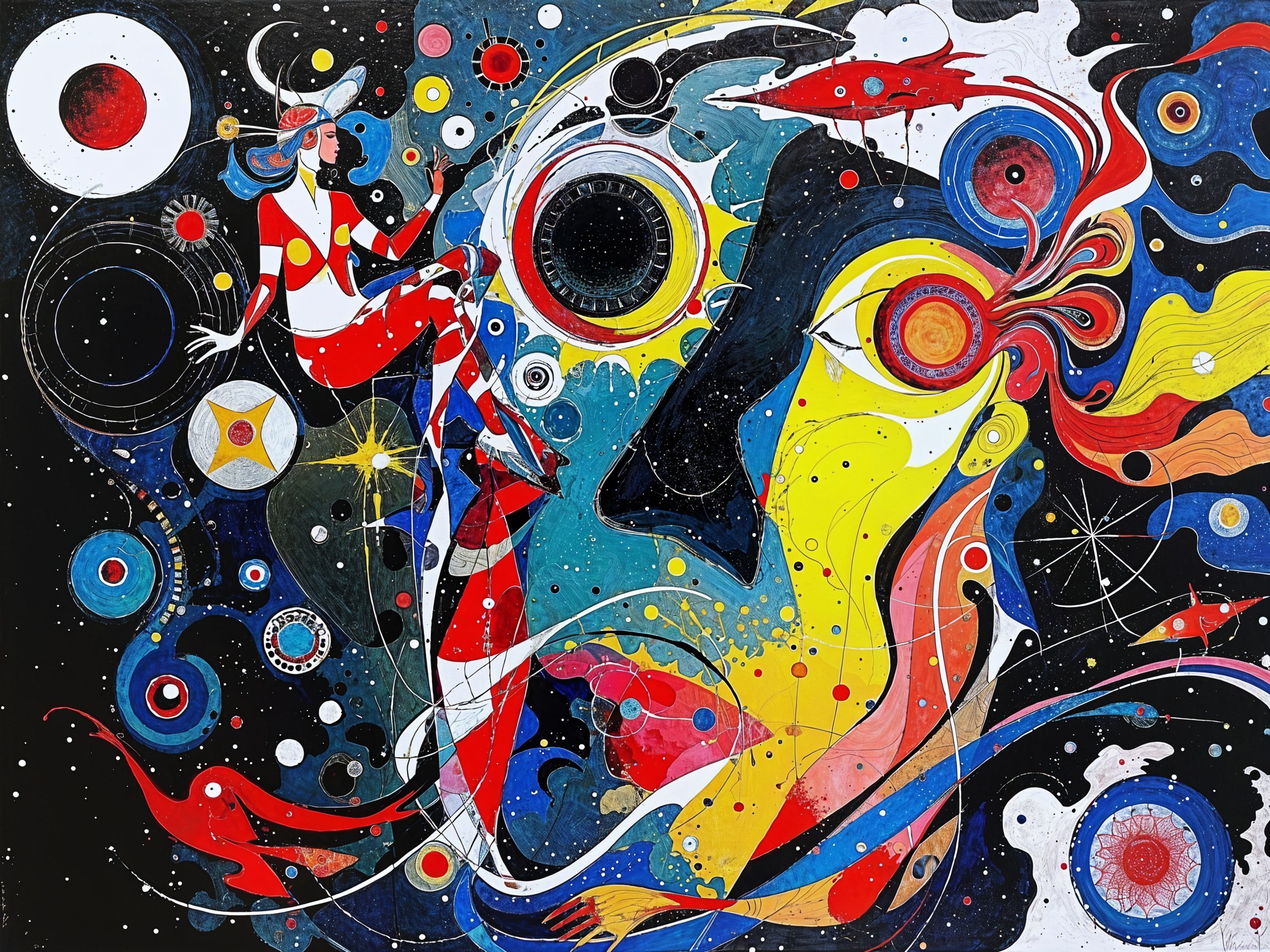 Cosmic Artwork with Vibrant Colors and Whimsical Figure