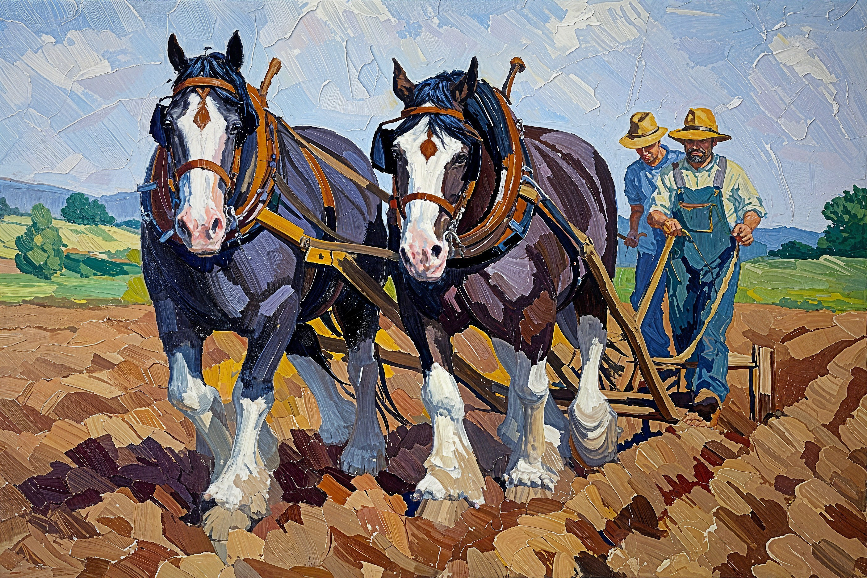 Draft Horses Plowing a Field with Farmers in Hats