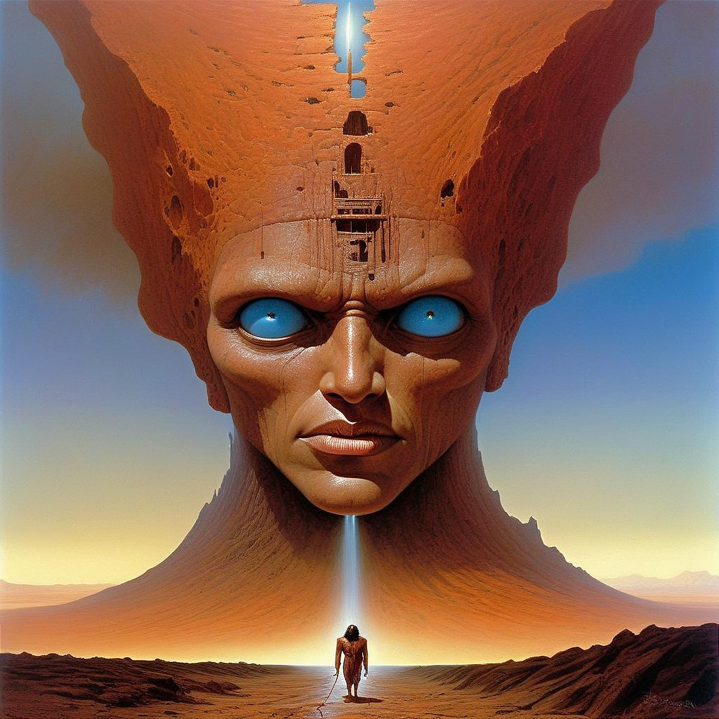 Surreal Landscape with Towering Humanoid Figure