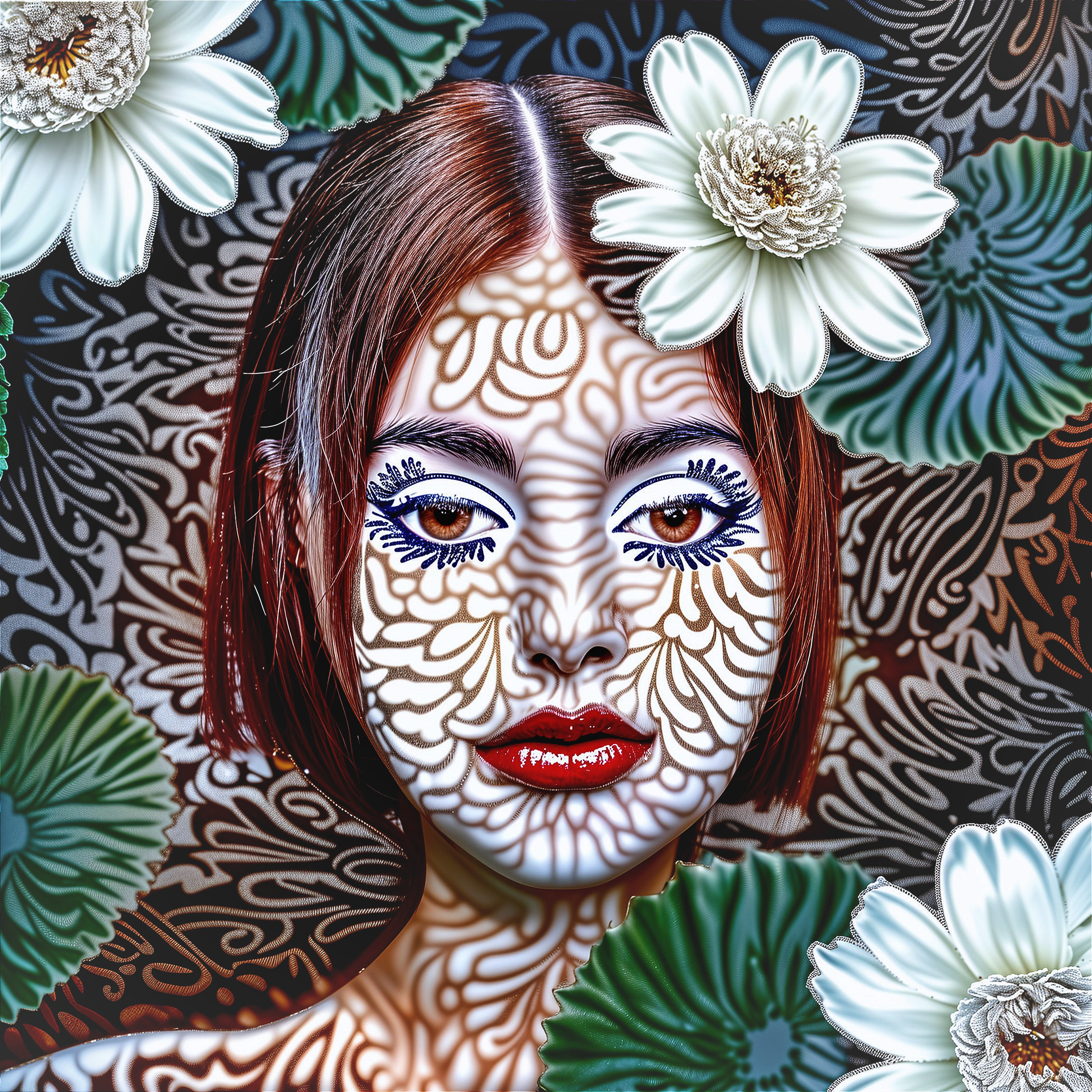 Close-Up of Woman with Floral Makeup and Bold Hair