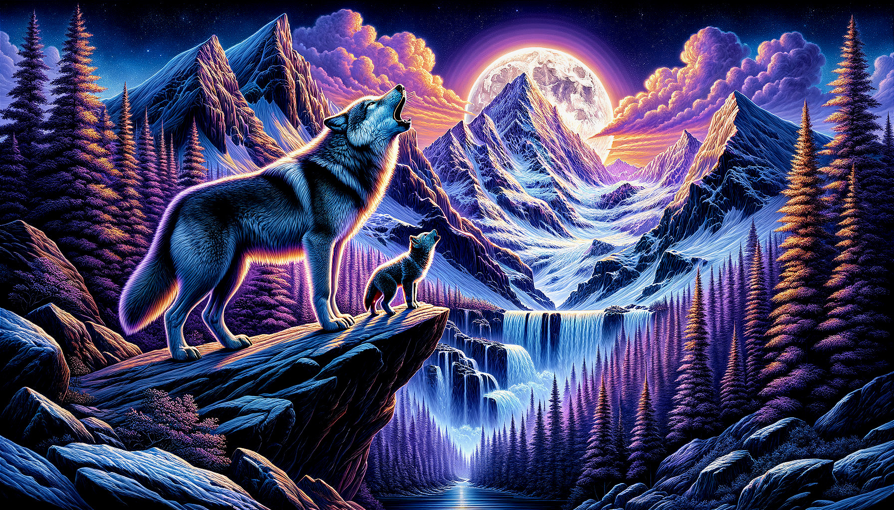 Majestic Landscape with Wolves and Moonlit Mountains