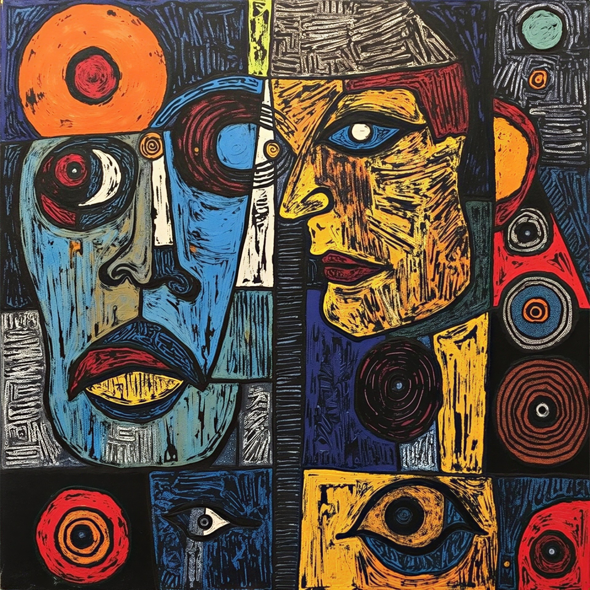 Abstract Faces with Bold Colors and Geometric Patterns