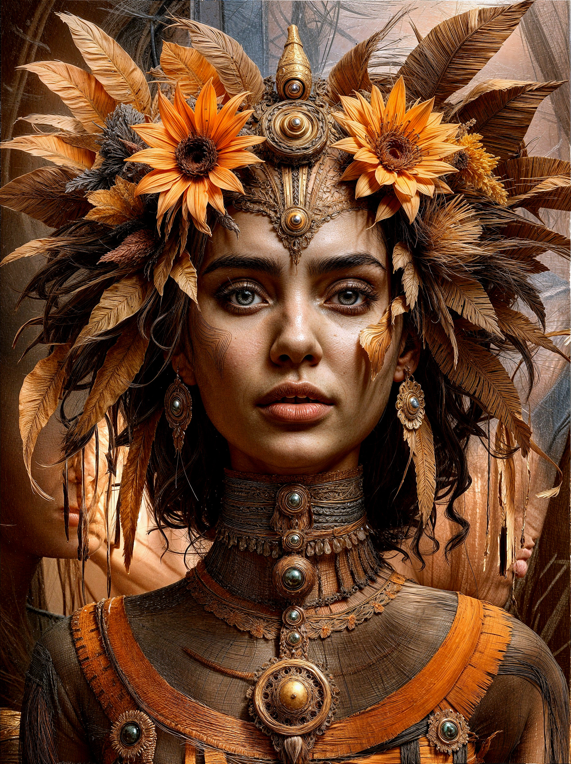 Elegant figure with sunflower headdress and intricate attire