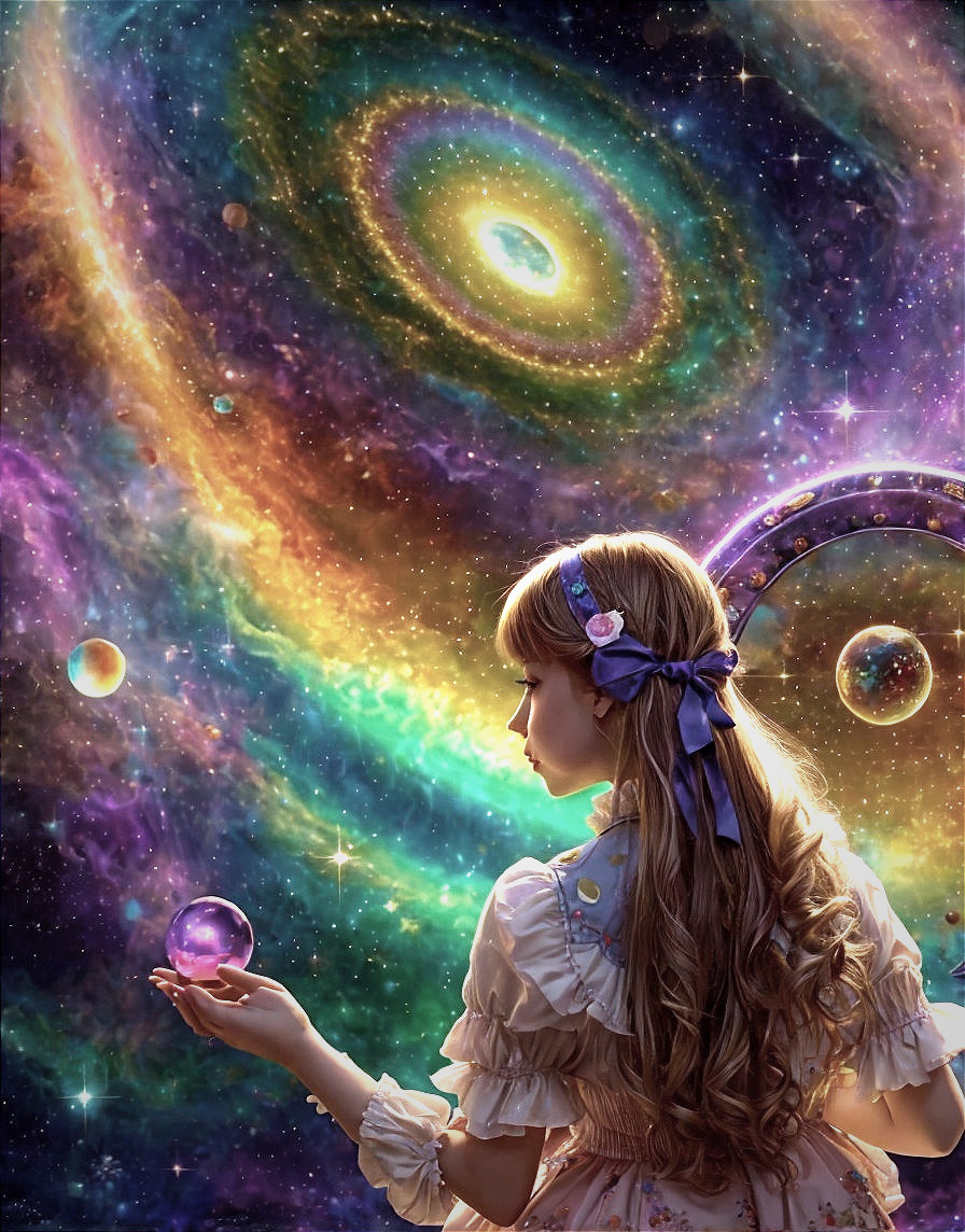 Woman in whimsical outfit with glowing orb in galaxy