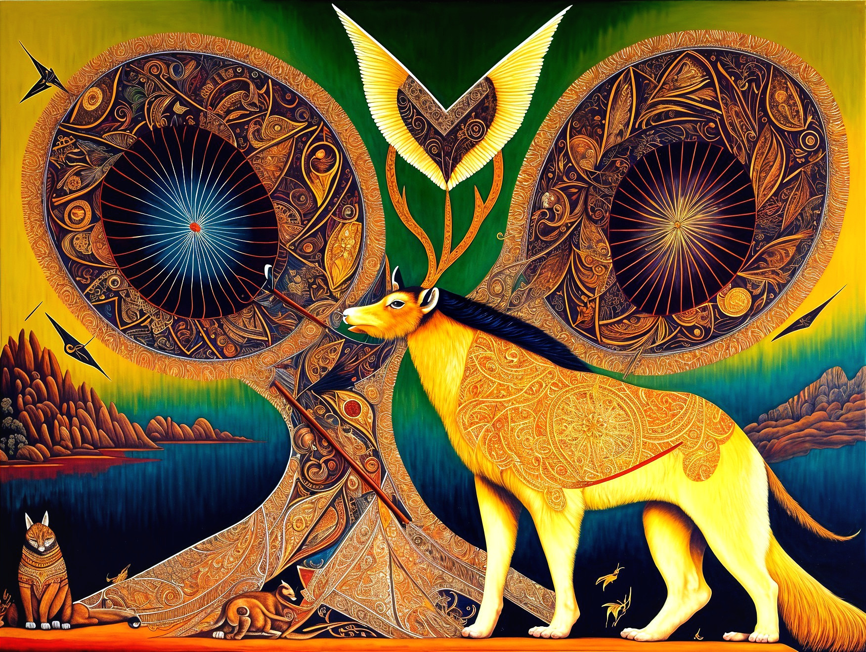 Surreal Landscape with Golden Lion and Ornate Animals