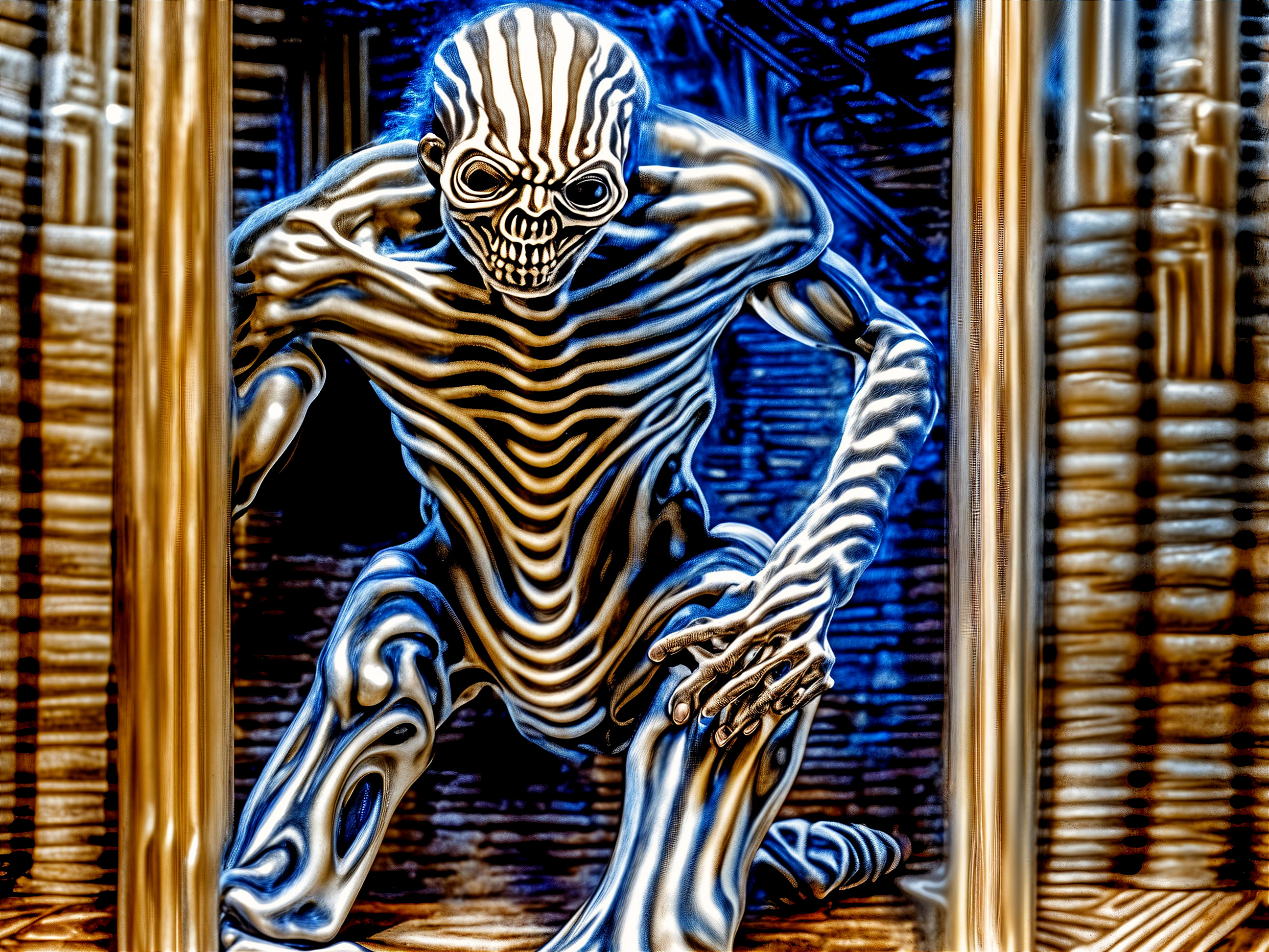 Skeletal Figure with Glowing Stripes in Dark Setting