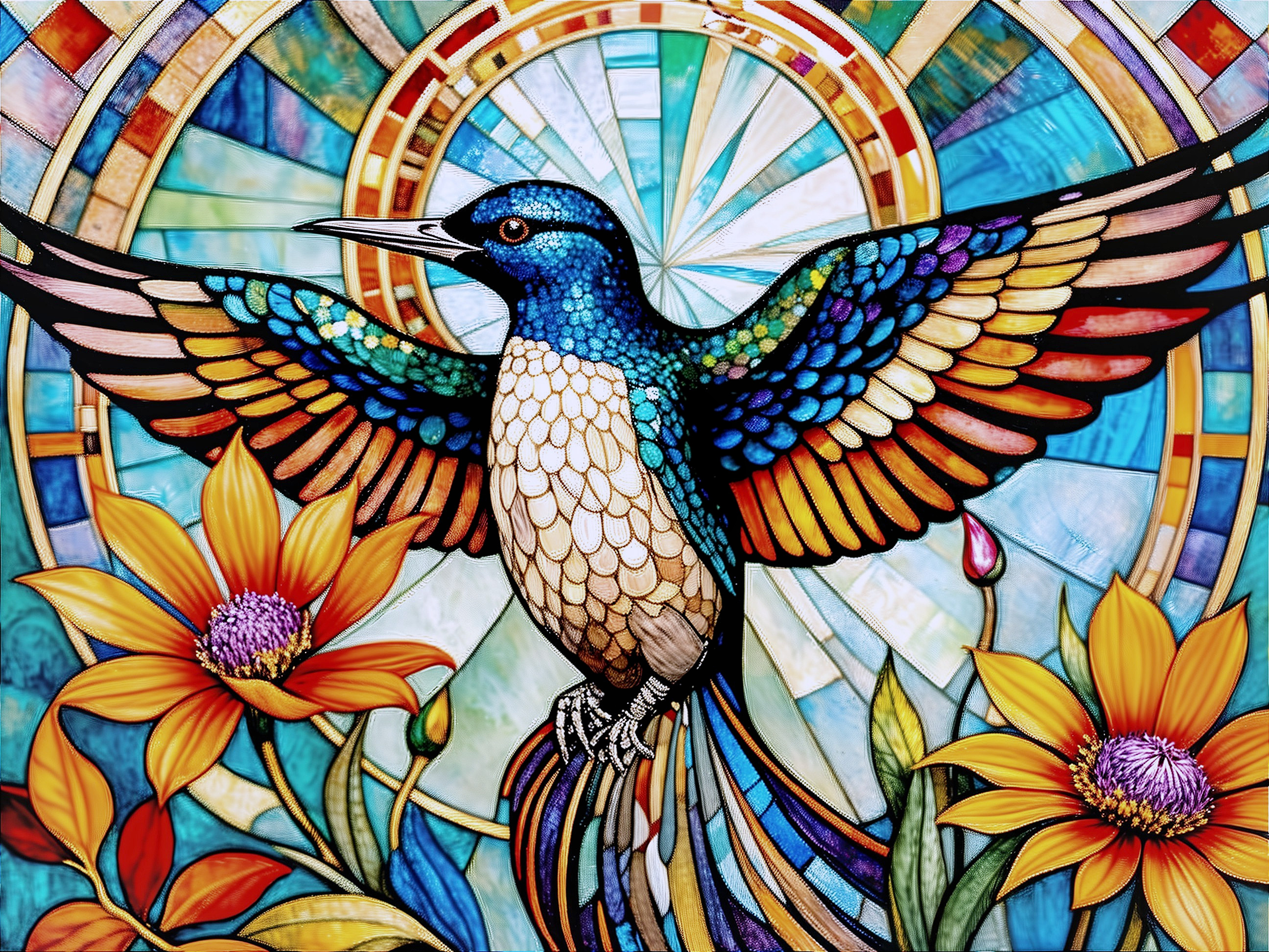 Vibrant Stained Glass Hummingbird with Sunflowers