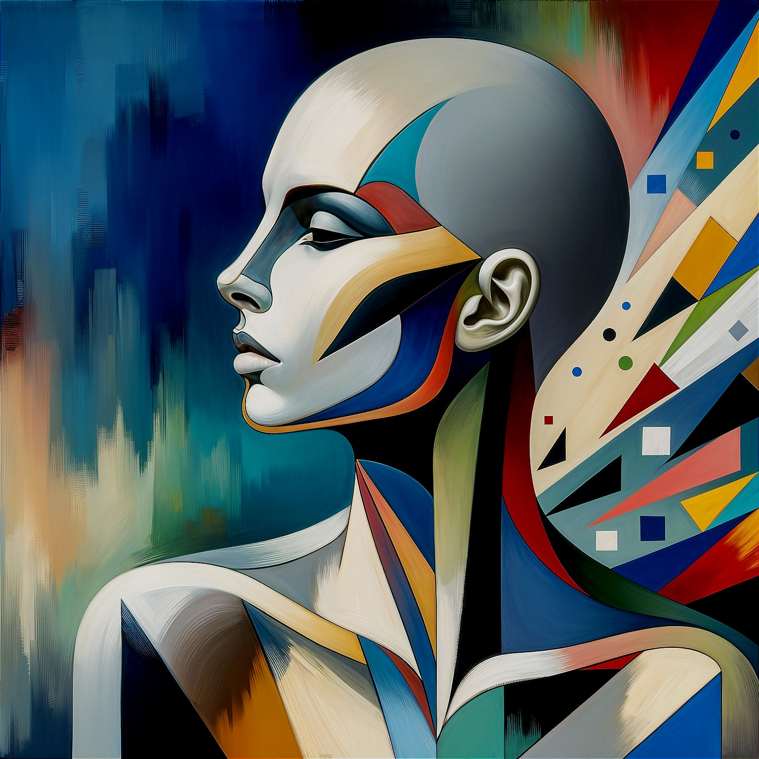 Abstract Portrait with Geometric Features and Bold Colors