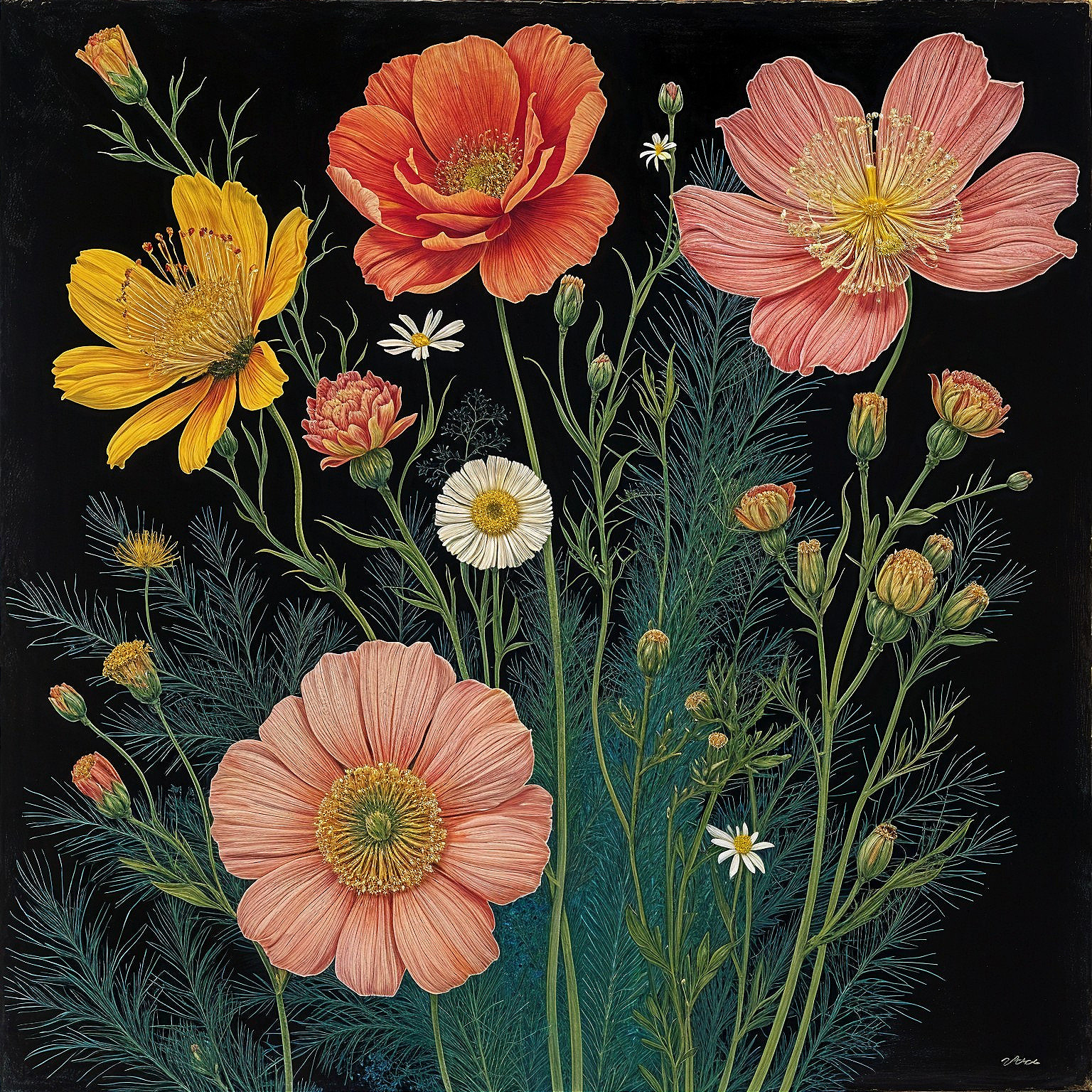 Vibrant Floral Composition on Black Background