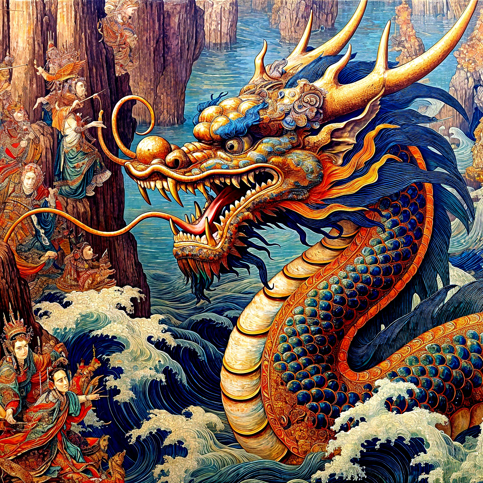 Majestic dragon amidst turbulent waves and figures