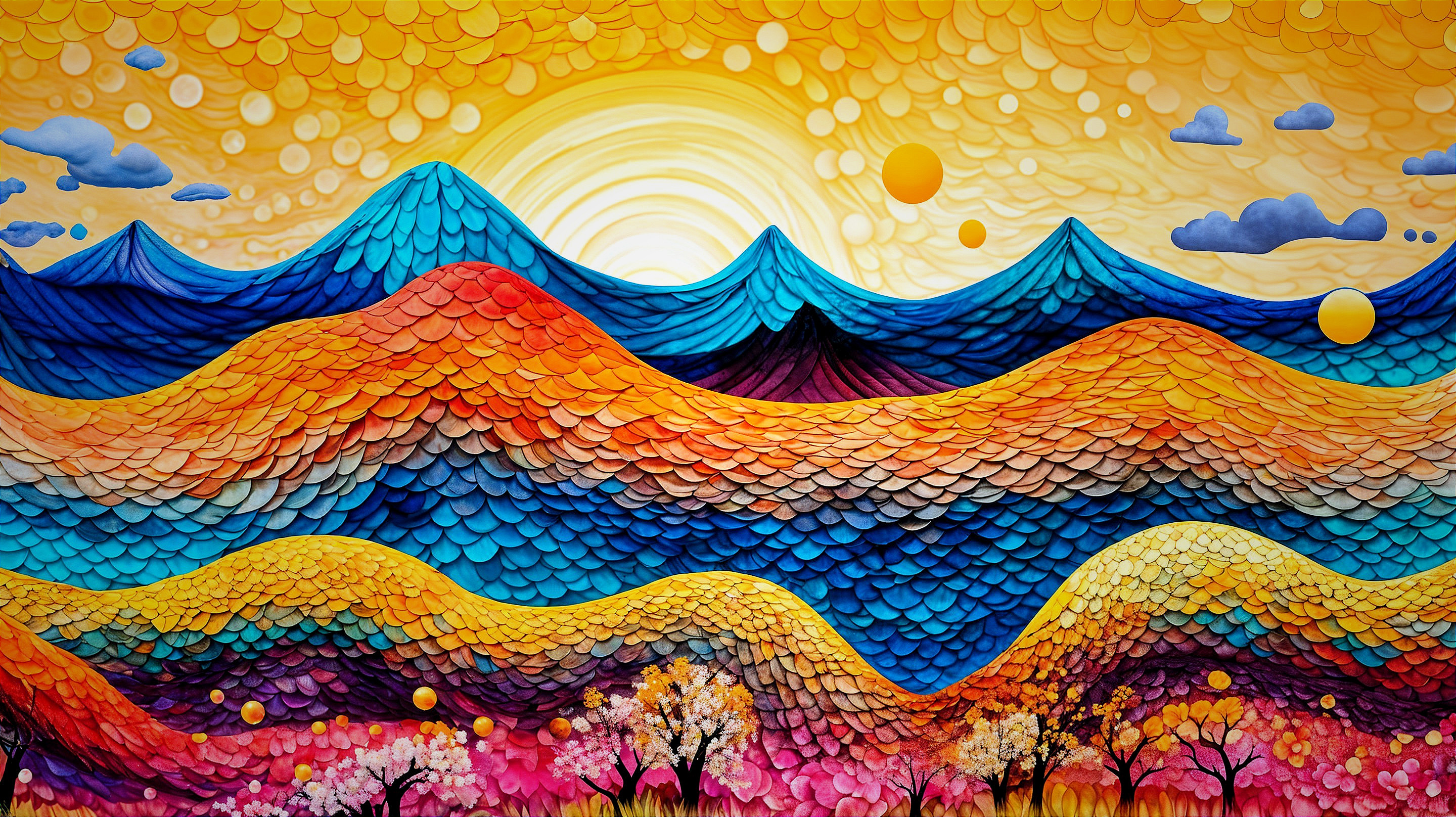 Vibrant Colorful Landscape with Layered Mountains