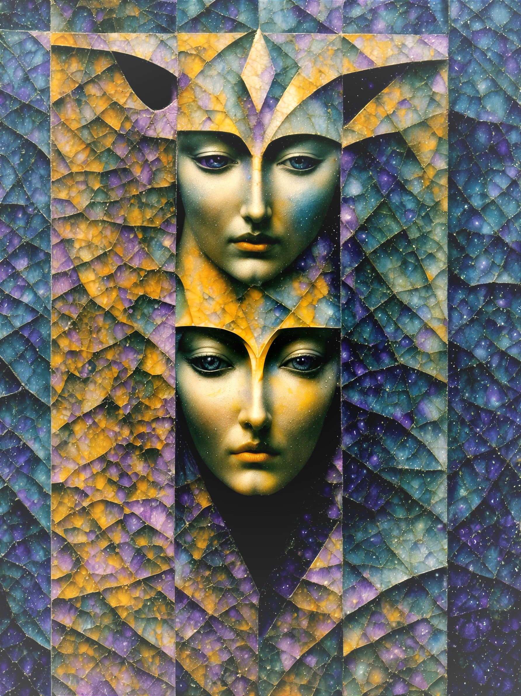 Symmetrical Faces on Vibrant Textured Background