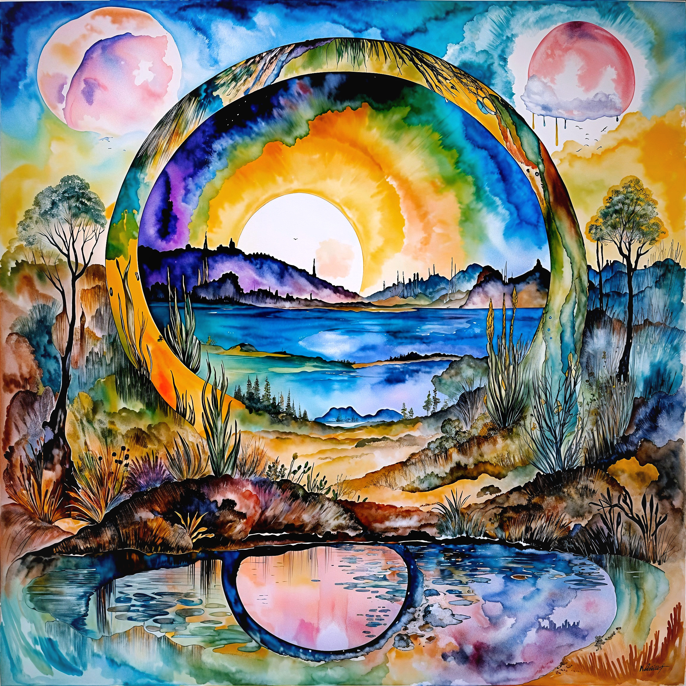 Surreal Landscape with Portal and Radiant Sunset