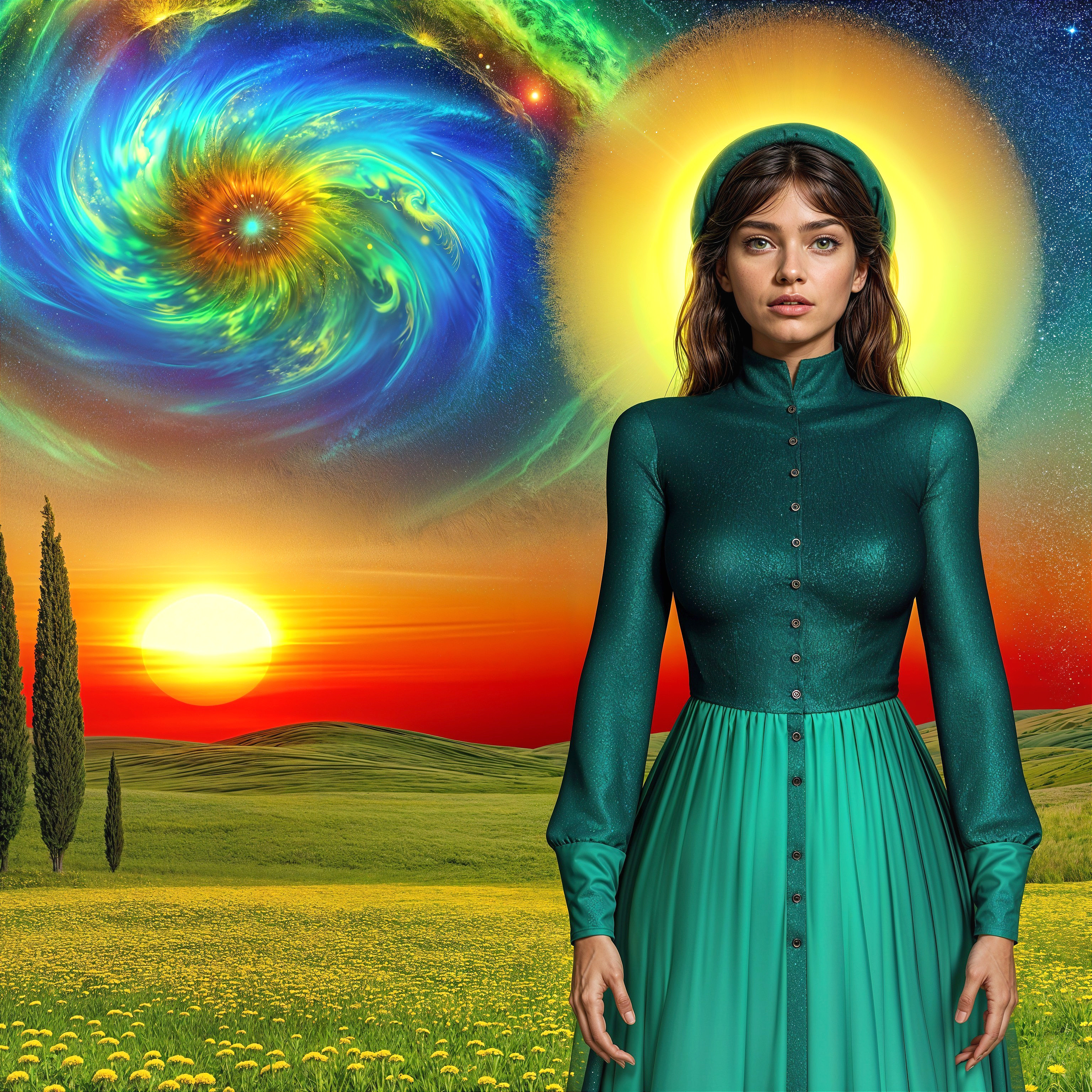 Serene Landscape with Sunset and Cosmic Elements