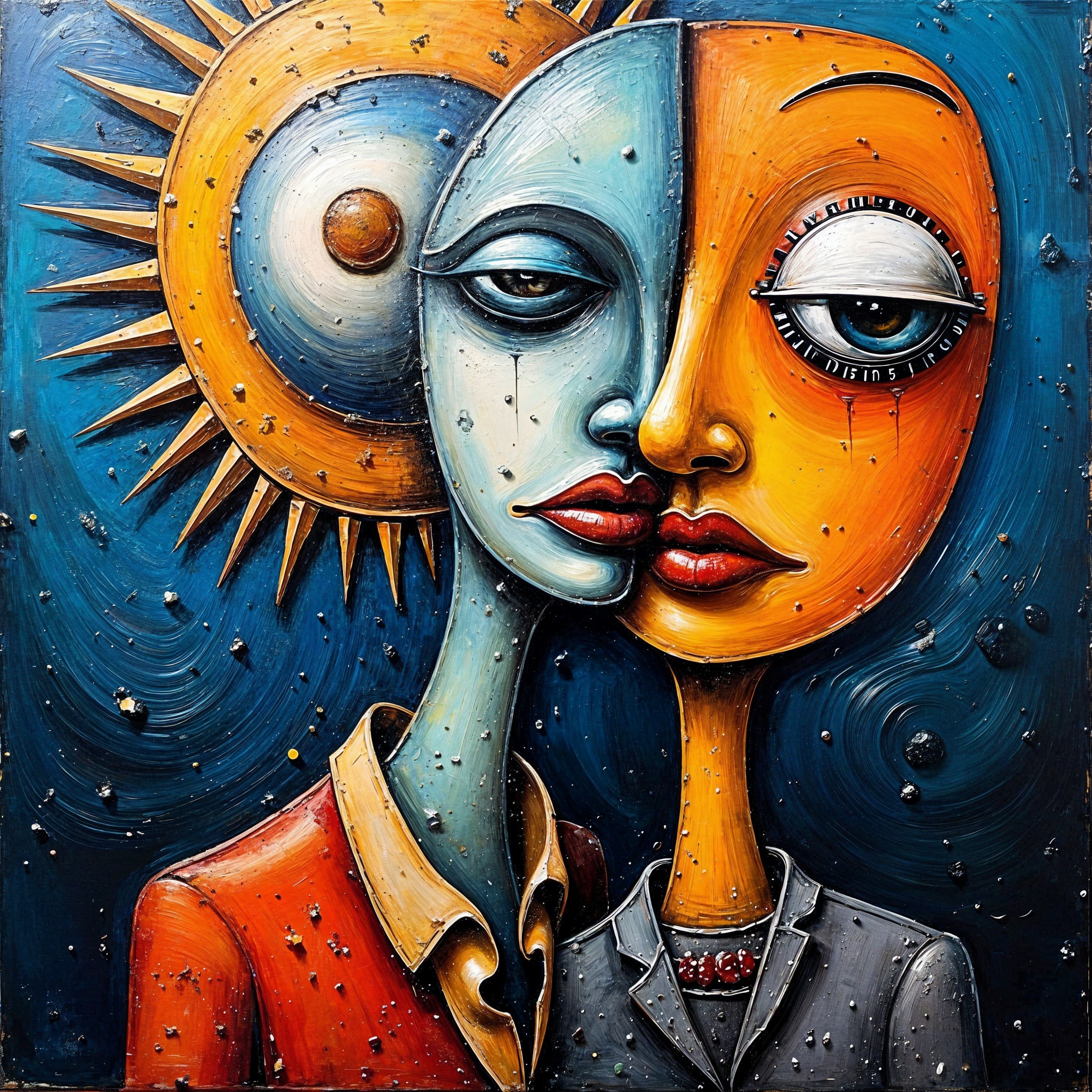 Dual-Faced Figure with Contrasting Emotions and Colors