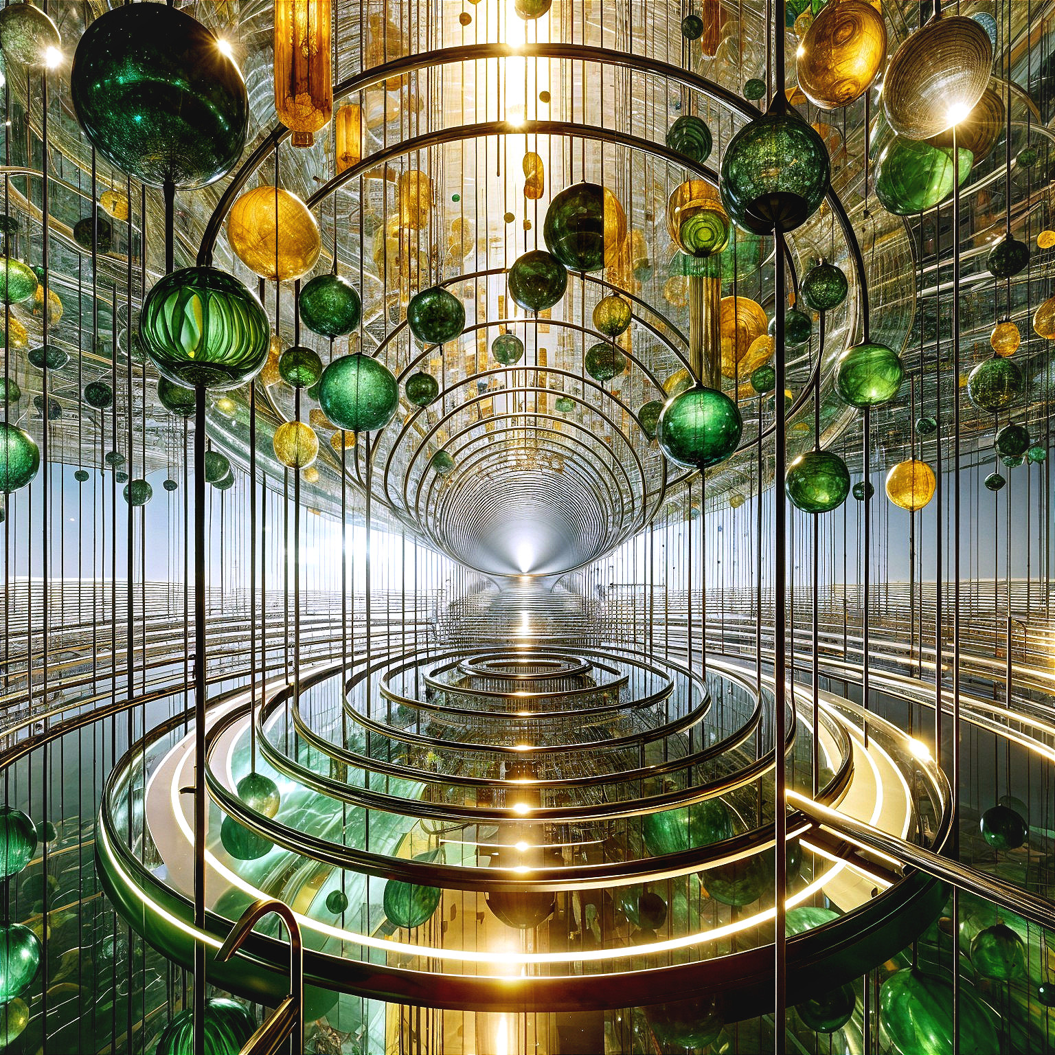 Futuristic corridor with colorful suspended spheres