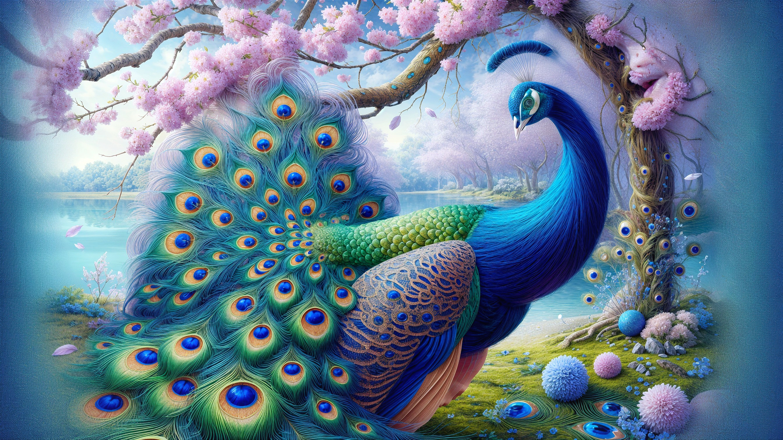 Peacock Displaying Plumage in Cherry Blossom Garden