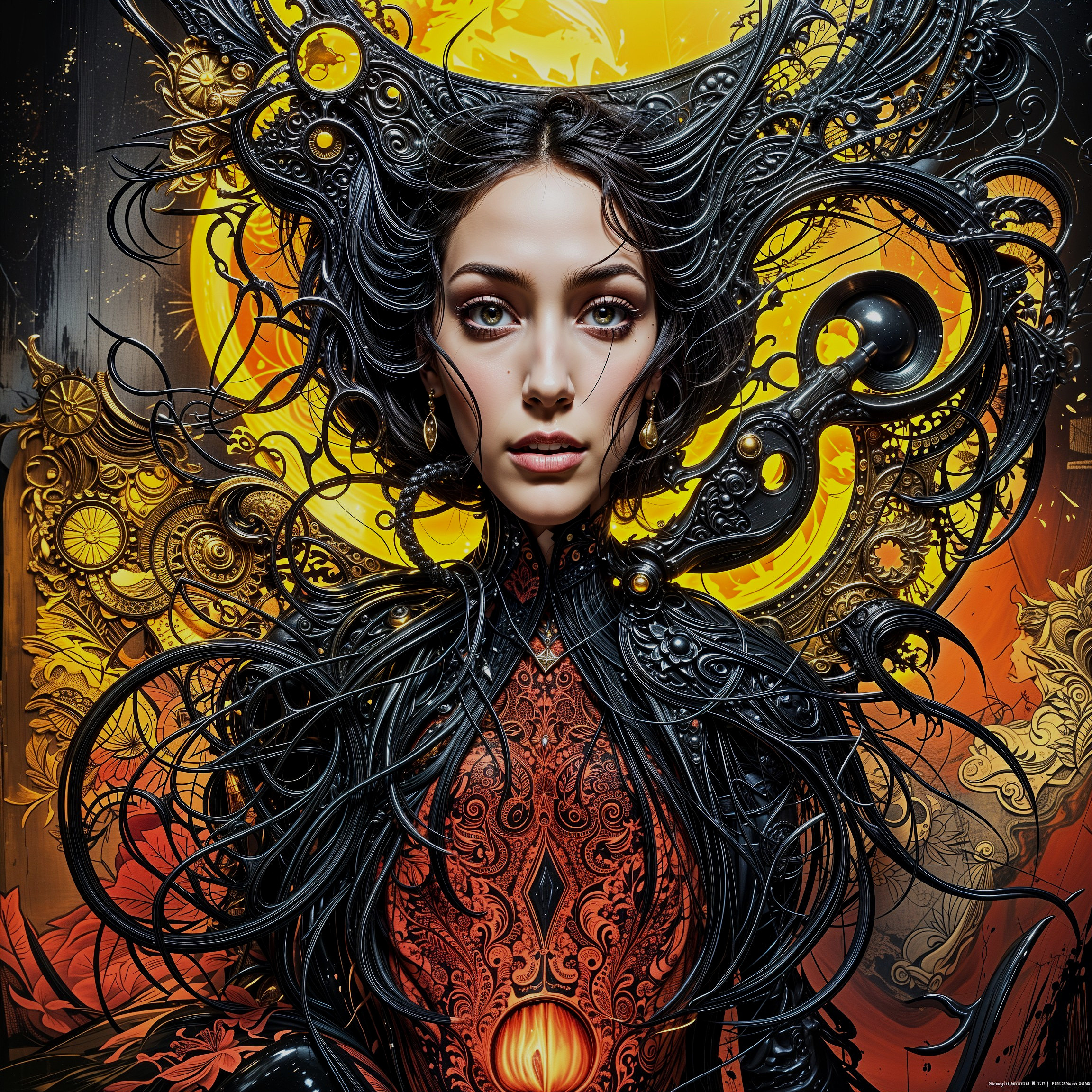Striking Woman with Mechanical Elements and Vibrant Backdrop